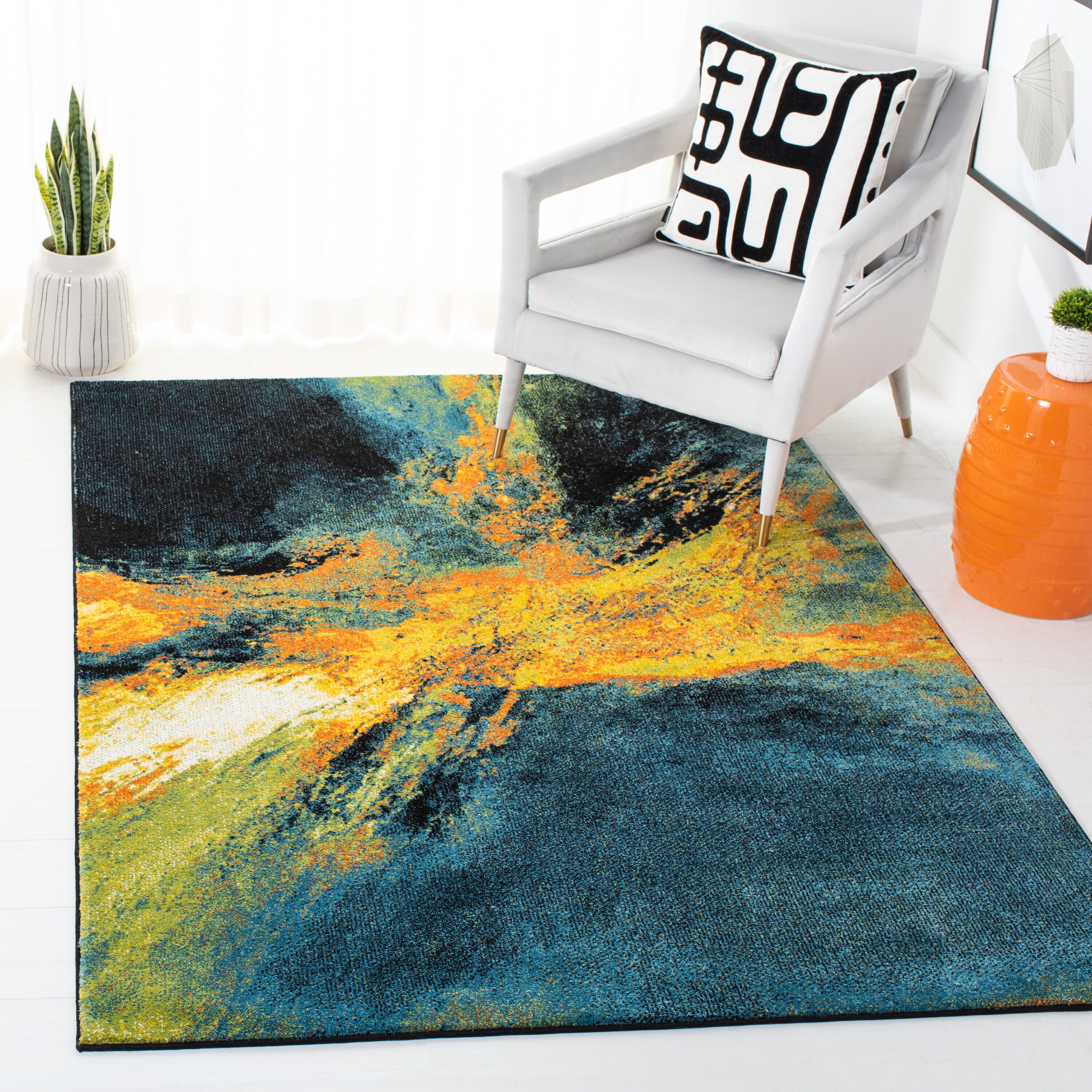 Galaxy 7 x 9 (ft) Loomed Polypropylene Blue/Yellow Rectangular Indoor Abstract Mid-Century Modern Spot Clean Only Area rug