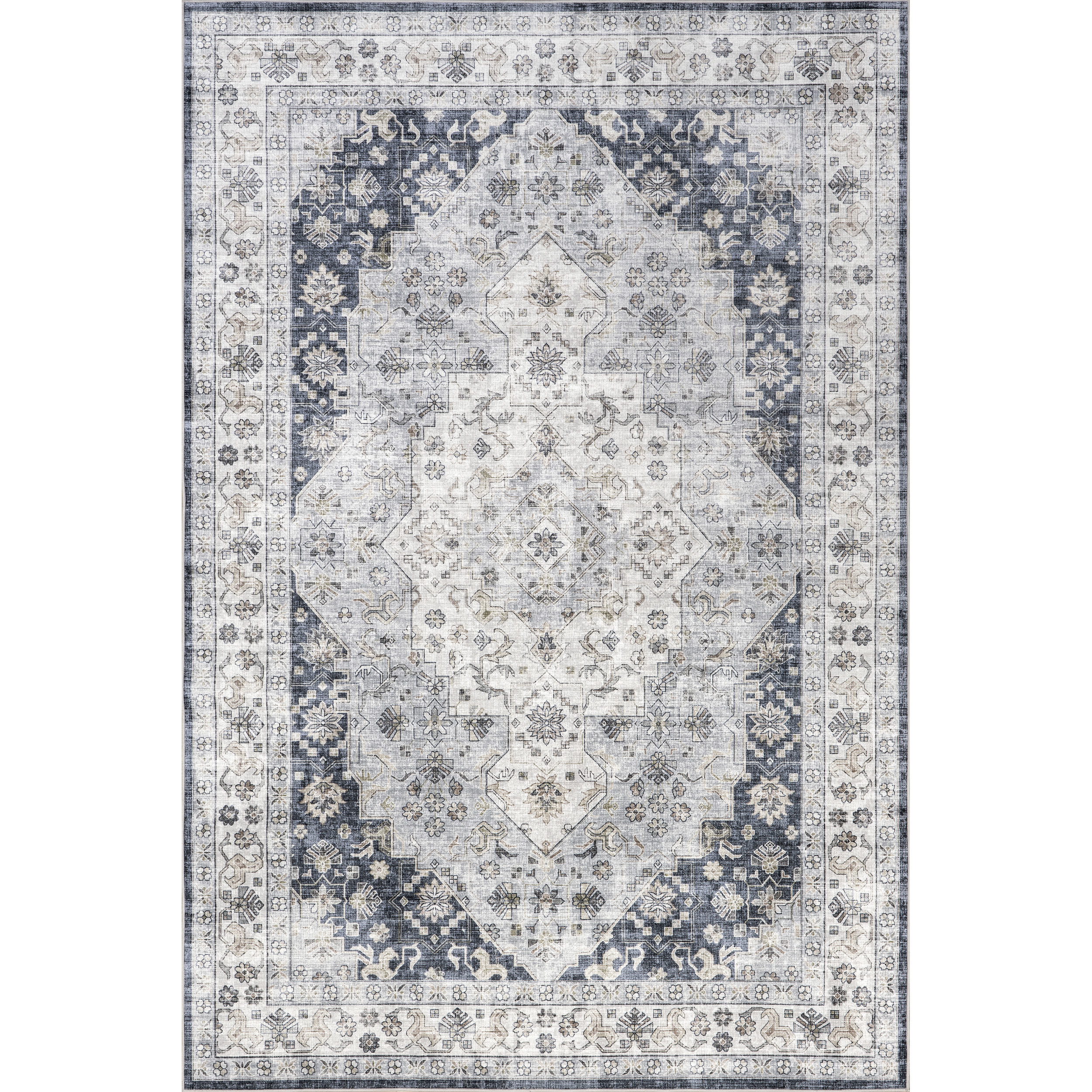 Casey Blue and Gray Synthetic Round Oriental Area Rug, 9' x 12'