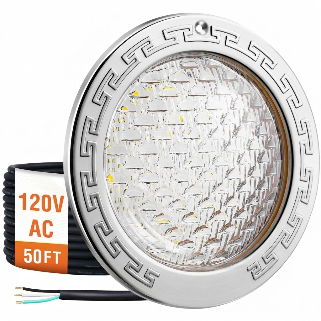 Oyezvary 10 Inch 120V LED Pool Light 35W 4000 Lumen Cool White 6000K Fits Standard 10 Inch Niches Stainless Steel Housing 50 Foot Cord 1 Piece #LOZ0430A03