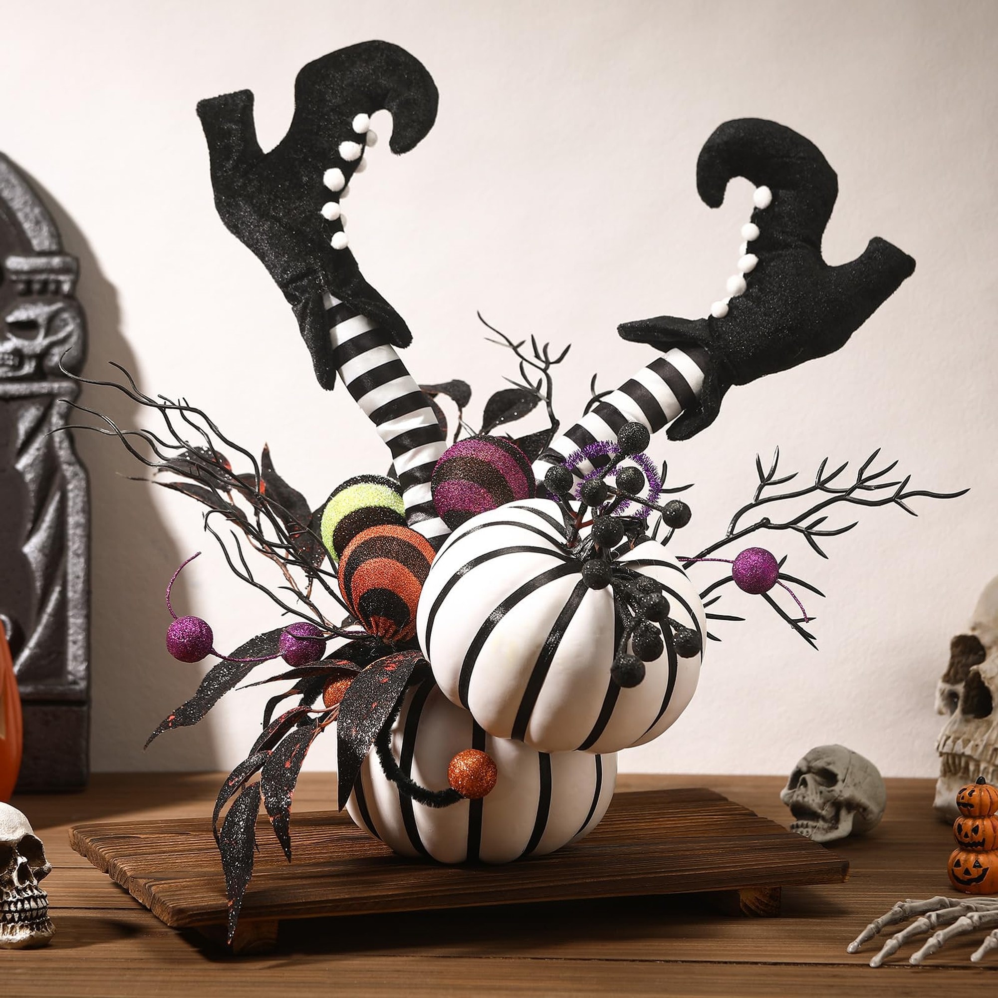 Numhew 10.24in D x 8.66in W x 6.3in H Halloween Table Centerpiece Multi Color Pumpkin Witch Boot Decor