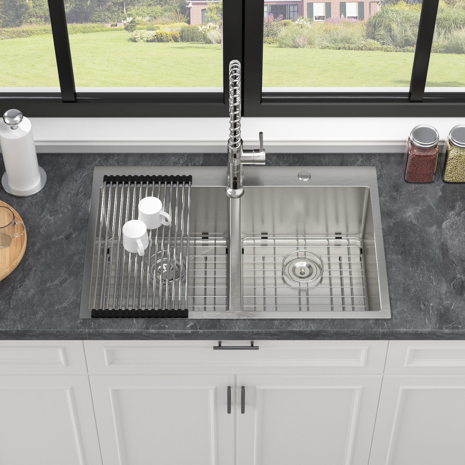 Lirago Double Bowl (50/50) Drop in Sink 33 in x 22 in x 10 in Stainless Steel Kitchen Sink 16 Gauge with Two 10 in Deep Basin