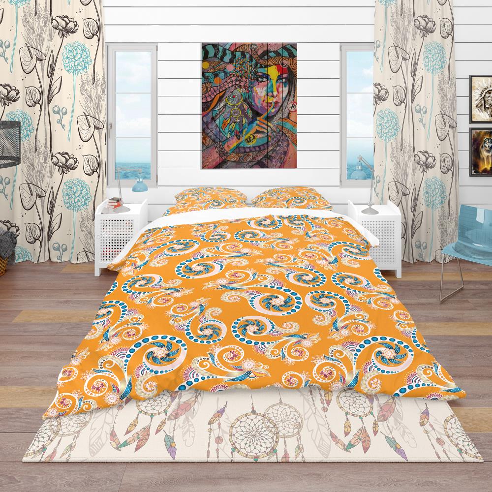 Full/Queen Orange Floral Microfiber Duvet Cover Set