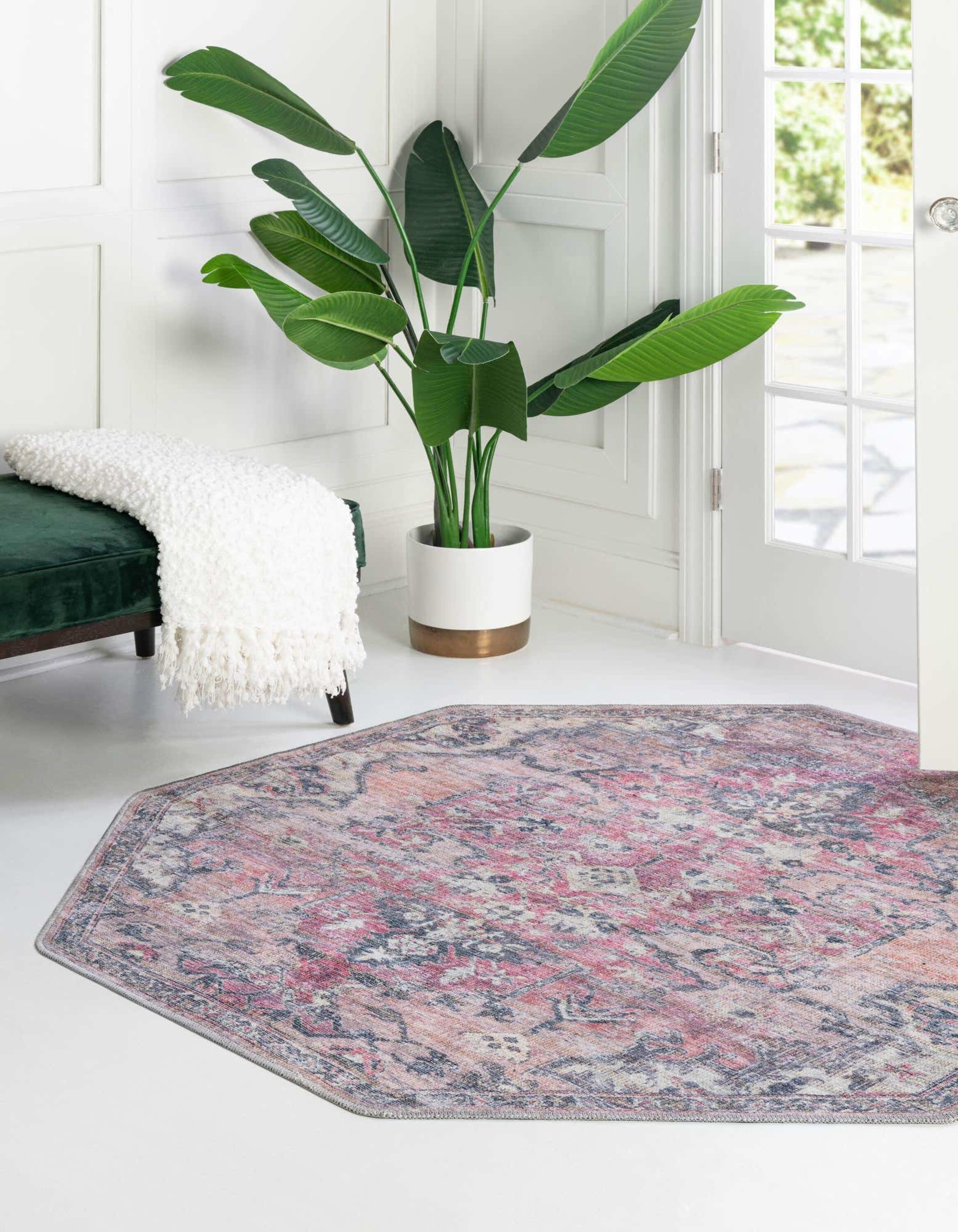 Beige Pink Octagonal Washable Synthetic Indoor Area Rug