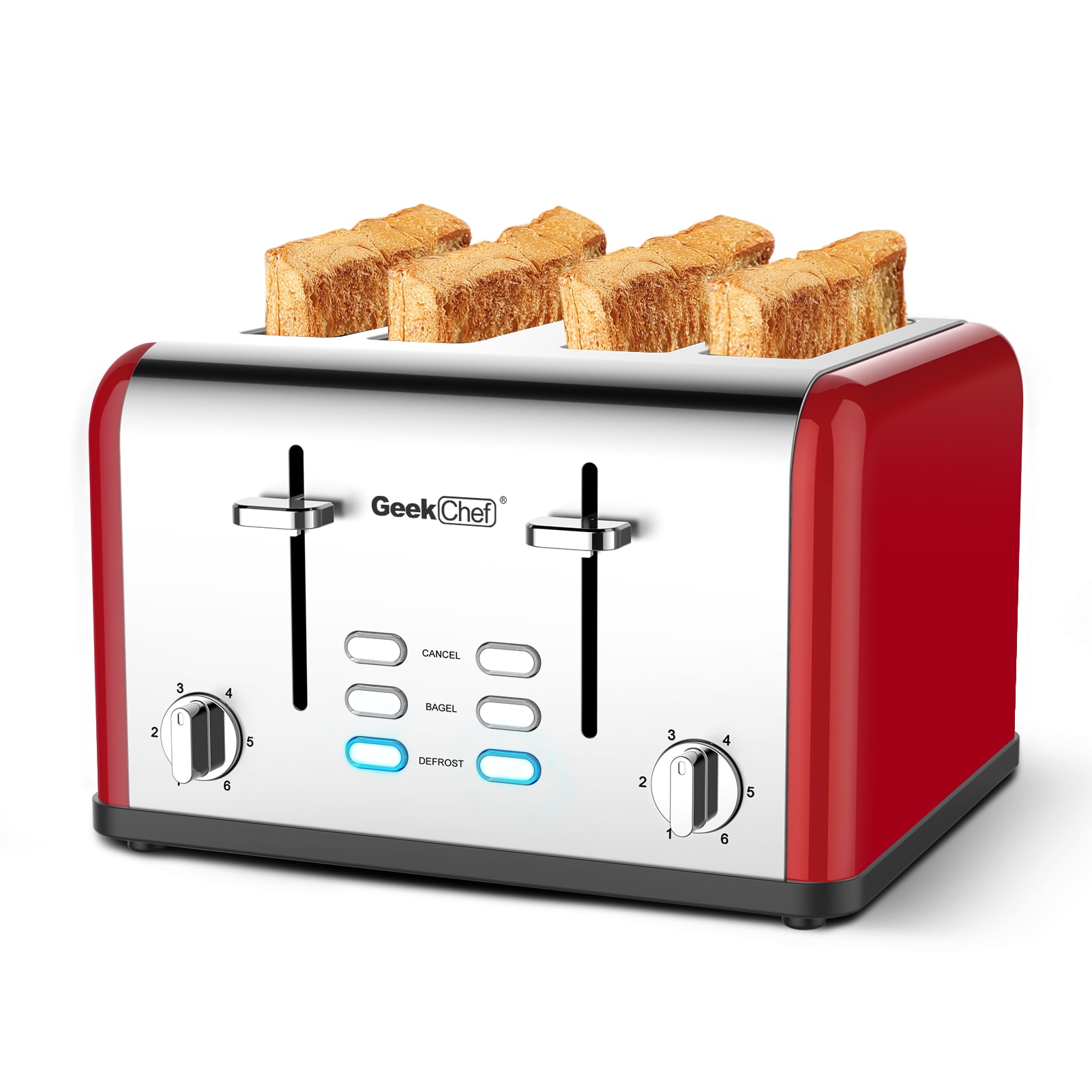 GZMR Red 4 Slice Toaster with 6 Shade Settings, Automatic Shut-Off | ETL Safety Listed | Stainless Steel | Slide-Out Crumb Tray | Bagel & Defrost
