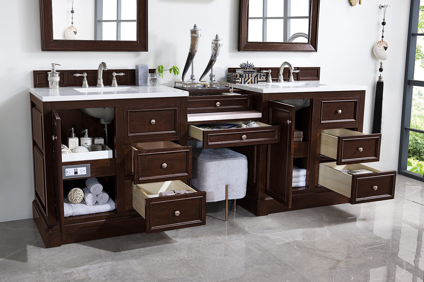 94 de Soto Double Bathroom Vanity with Makeup Counter, Bright White