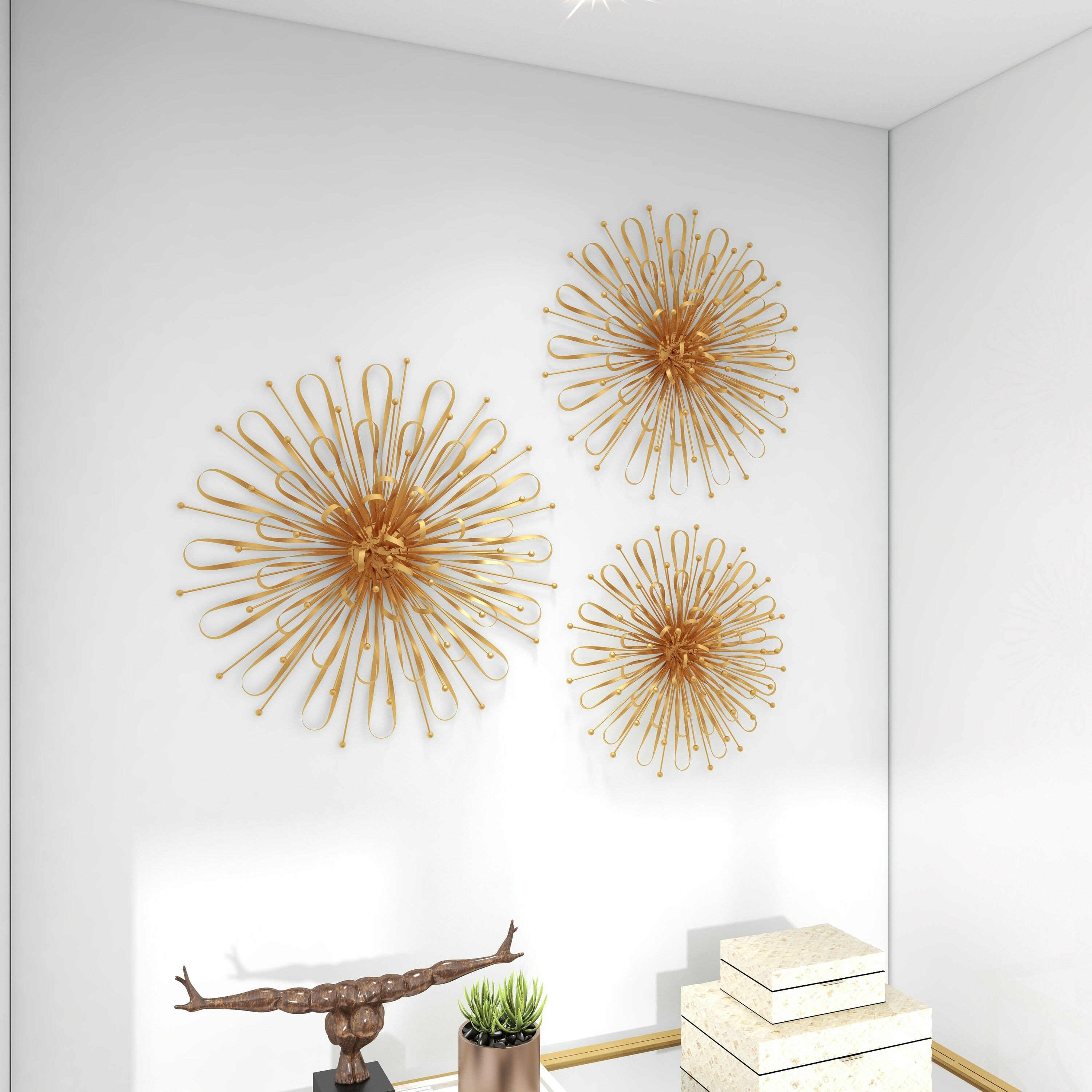 Set of 3 Gold Metal Starburst Wall Sculptures