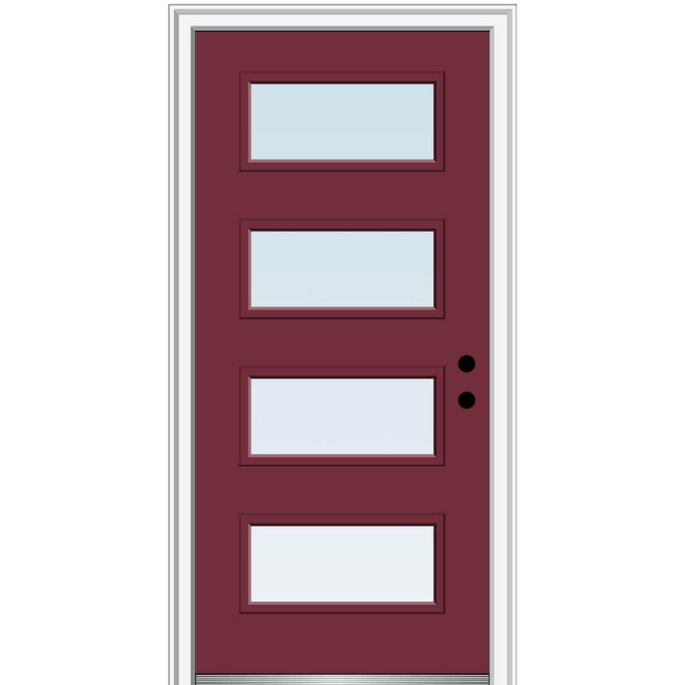 MMI DOOR ZZ345634L Spotlights 36-in x 80-in x 4-9/16-in Fiberglass Pulse lite Left-hand inswing Burgundy Painted Prehung Front Door with Brickmould Insulating core