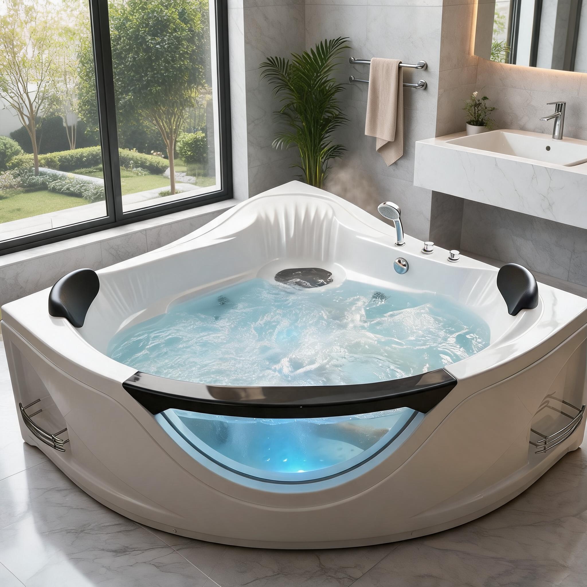 Watnature White Finish 59-Inch 2-Person Triangular Corner Whirlpool Bathtub Jetted Hydro Massage Spa for Home Bathroom #6K23BT3GO44L