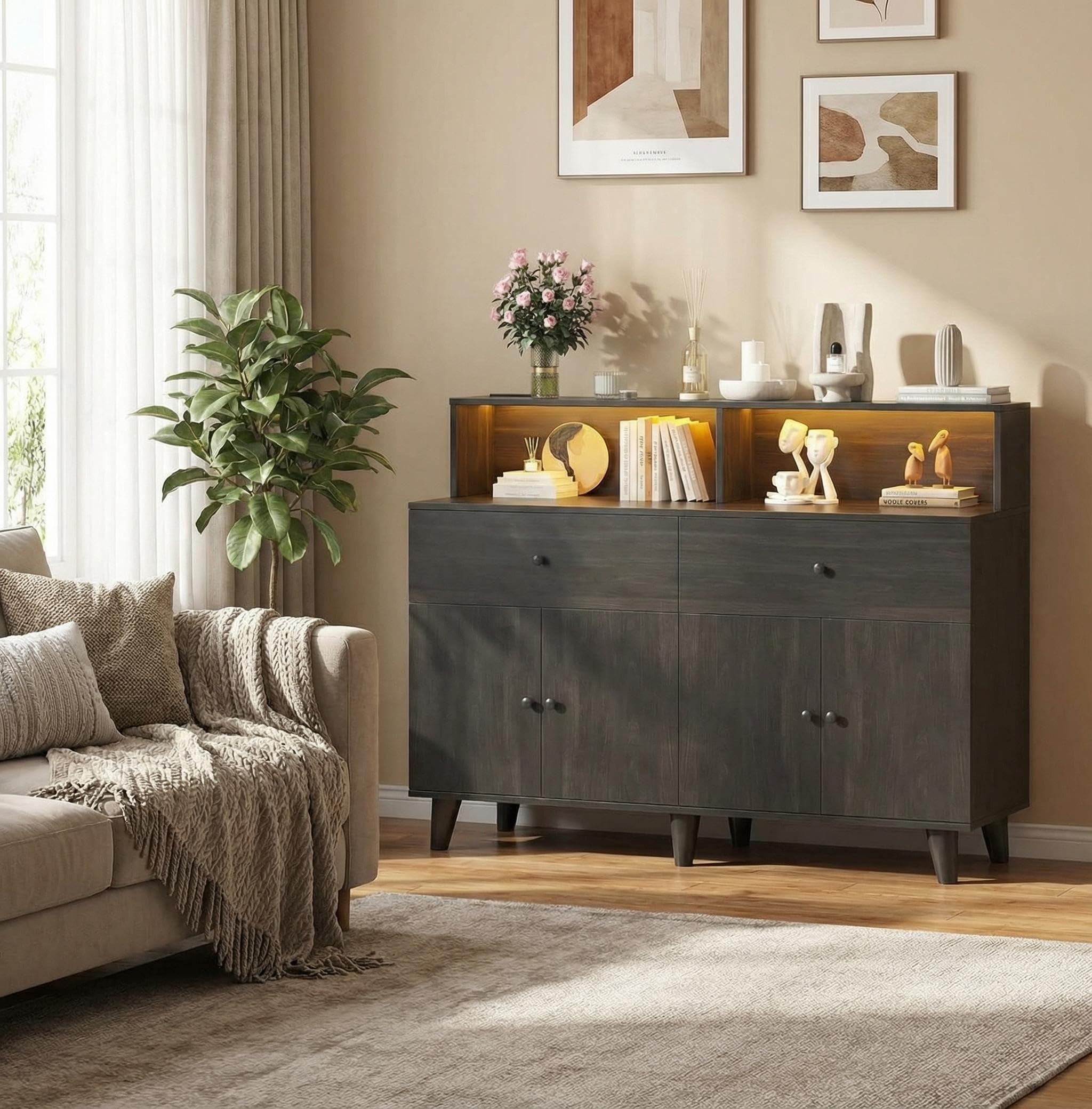 Garvee Modern Black Walnut 6 Drawer Sideboard Buffet Cabinet with LED ...