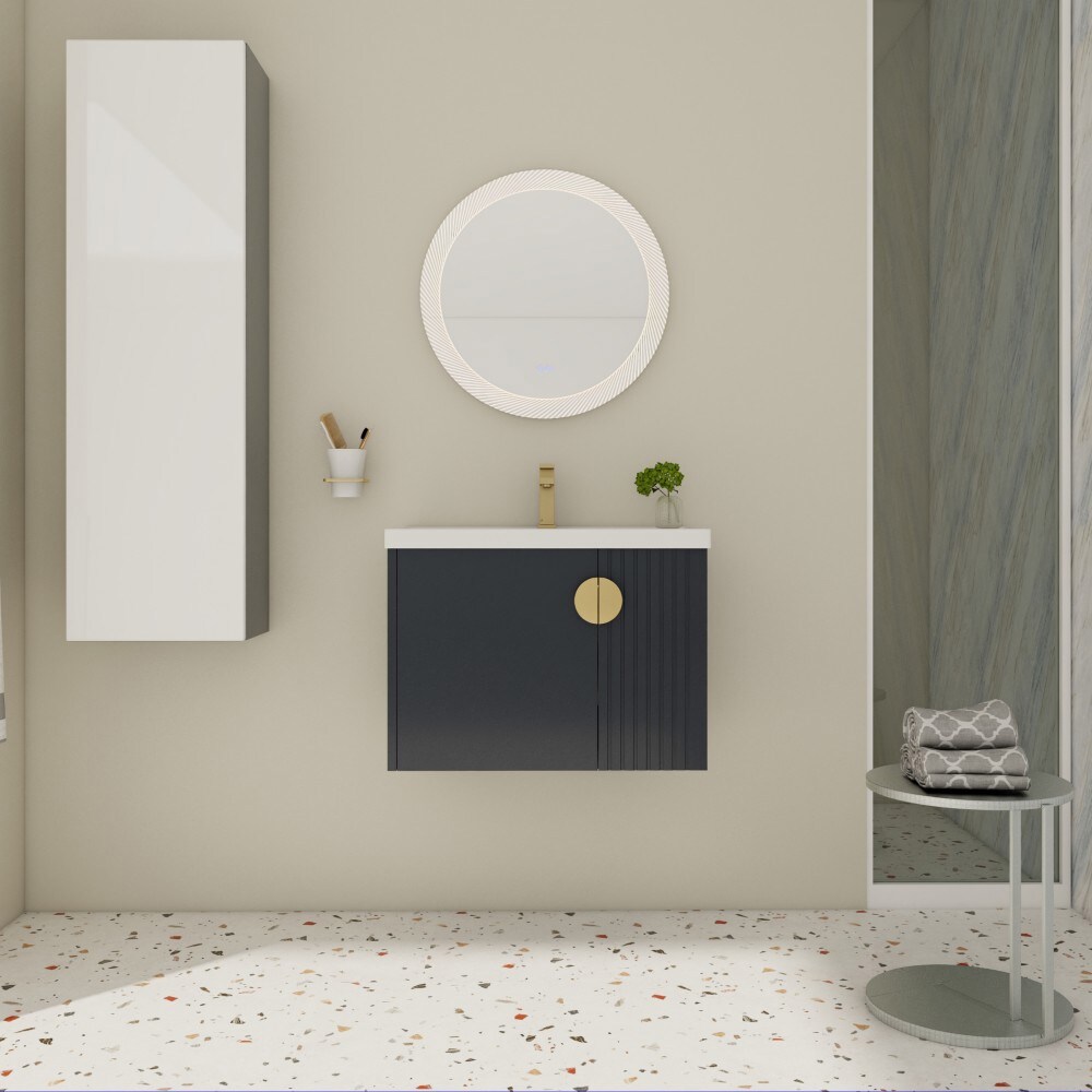 Basdien 28 in Black Modern Wall Mounted Floating Bathroom Vanity with Ceramic Sink Soft Close Doors Wave Panel Metal Handles Plywood Moisture Resistant Scratch Resistant Melamine Surface Easy Assembly Complete Set Kit for Small Bathroom Spaces