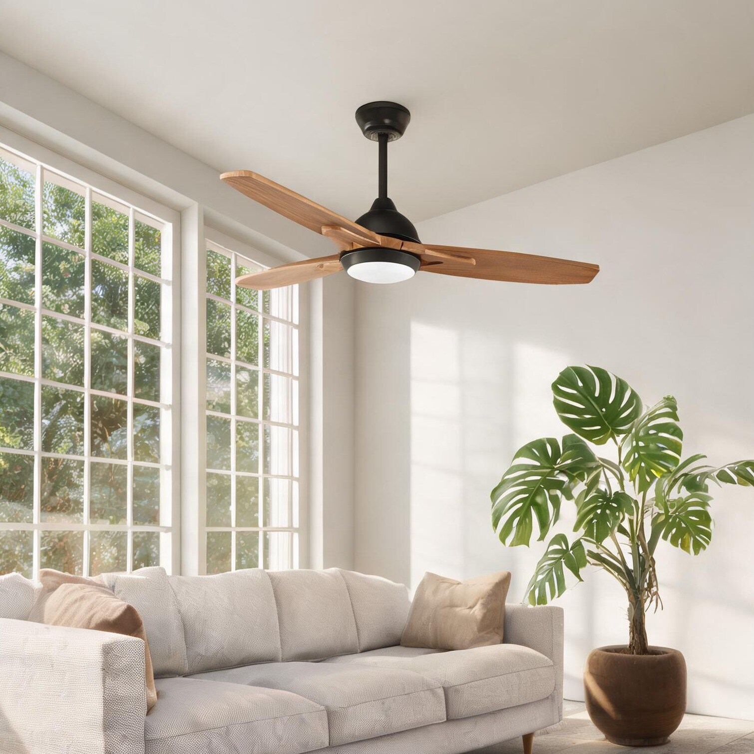 FlowLuxe Matte Black Modern Ceiling Fan with Remote 52-Inch DC Motor Black-Toned Iron and Wood Blades for Living Room and Bedroom