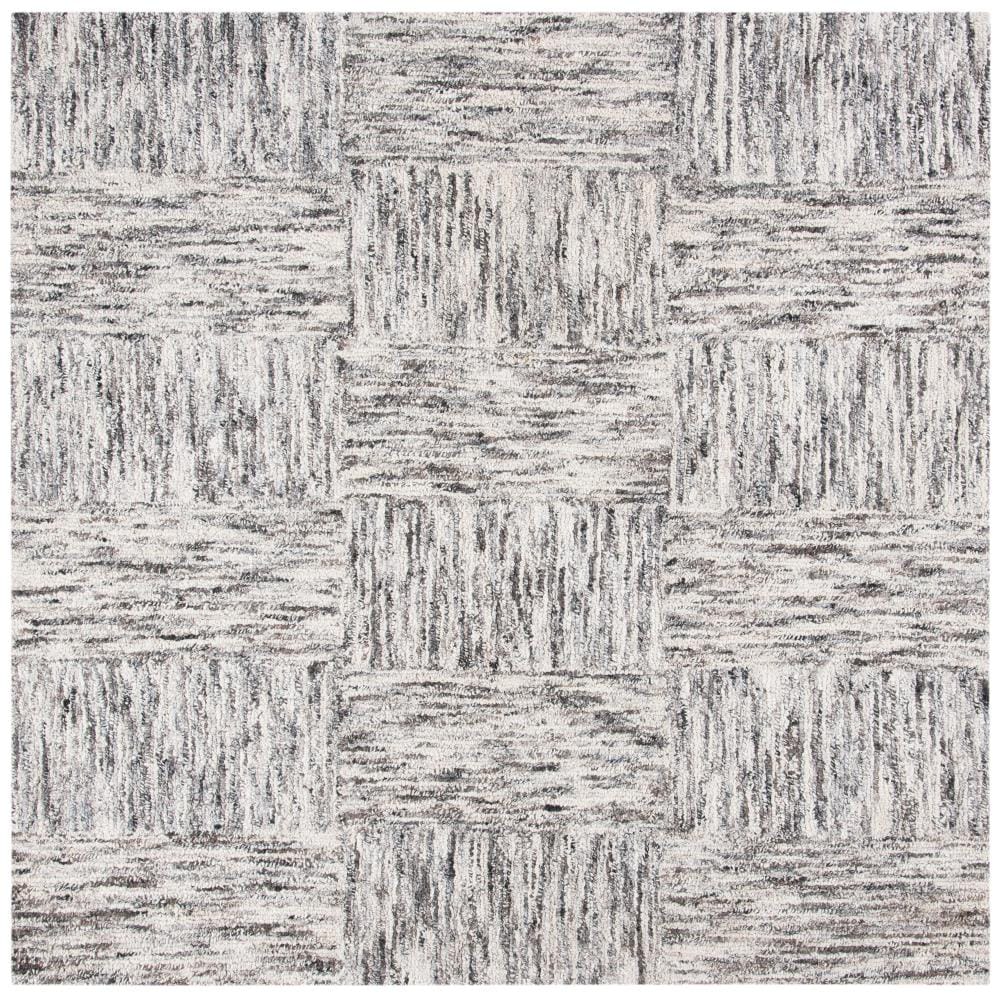 Ivory Charcoal Abstract Hand-Tufted Square Wool Rug 6'x6'