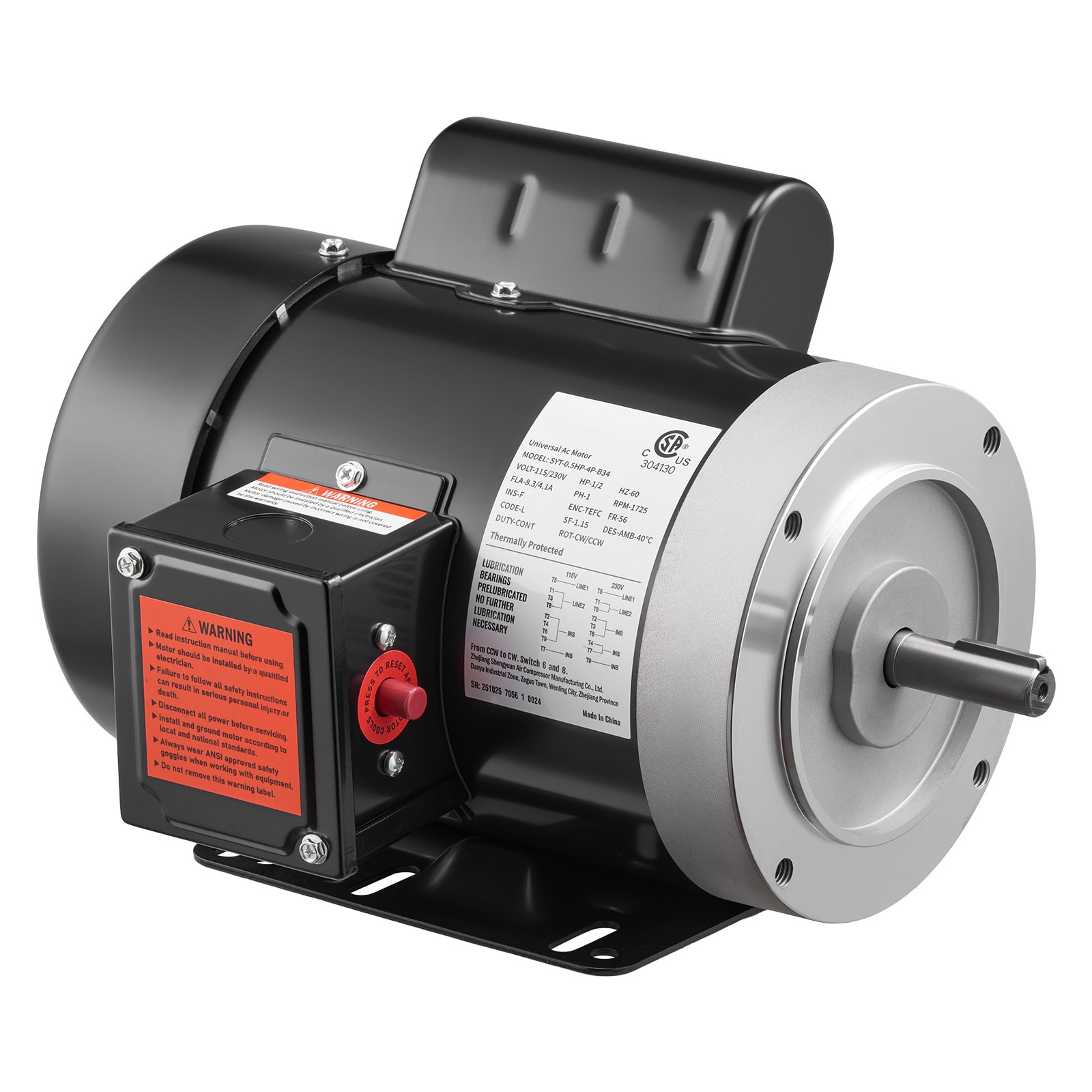 VEVOR 0.5 HP Electric Motor 1725RPM Air Compressor Motor CW/CCW Rotation 5/8 inch Shaft Diameter 1.88inch Shaft Length 2.07N.m Torque Single-Phase TEFC Cooling 115V/230V 56 Frame