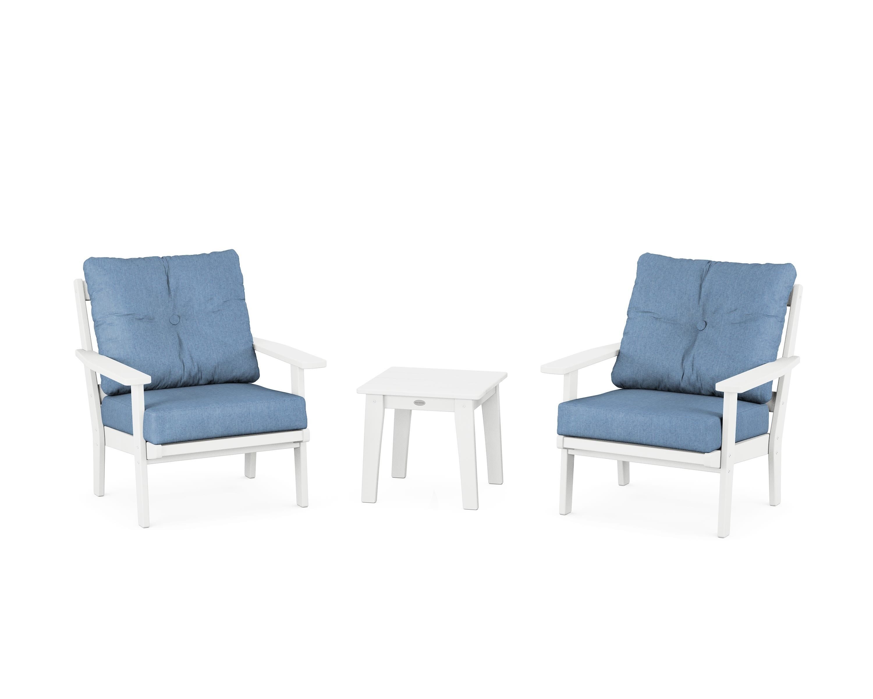 POLYWOOD PWS2138-2-WH161147 Oxford 3 -Piece Patio Conversation Set with Light Blue Cushions