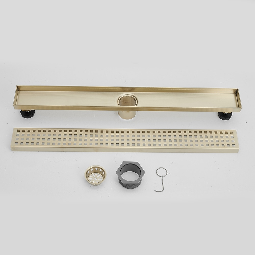 Brushed Gold 24-Inch Stainless Steel Linear Shower Drain with Square Pattern