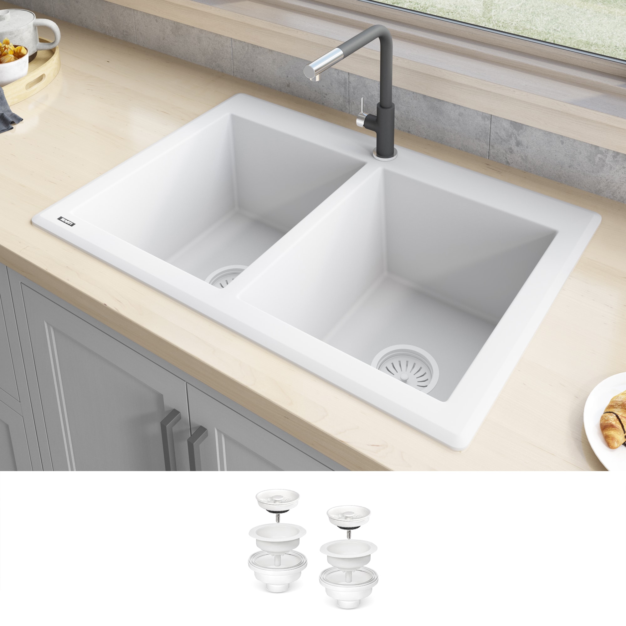 Ruvati RVG1388WH epiGranite Drop-in 33-in x 22-in Granite Double equal bowl 1-Hole Kitchen Sink