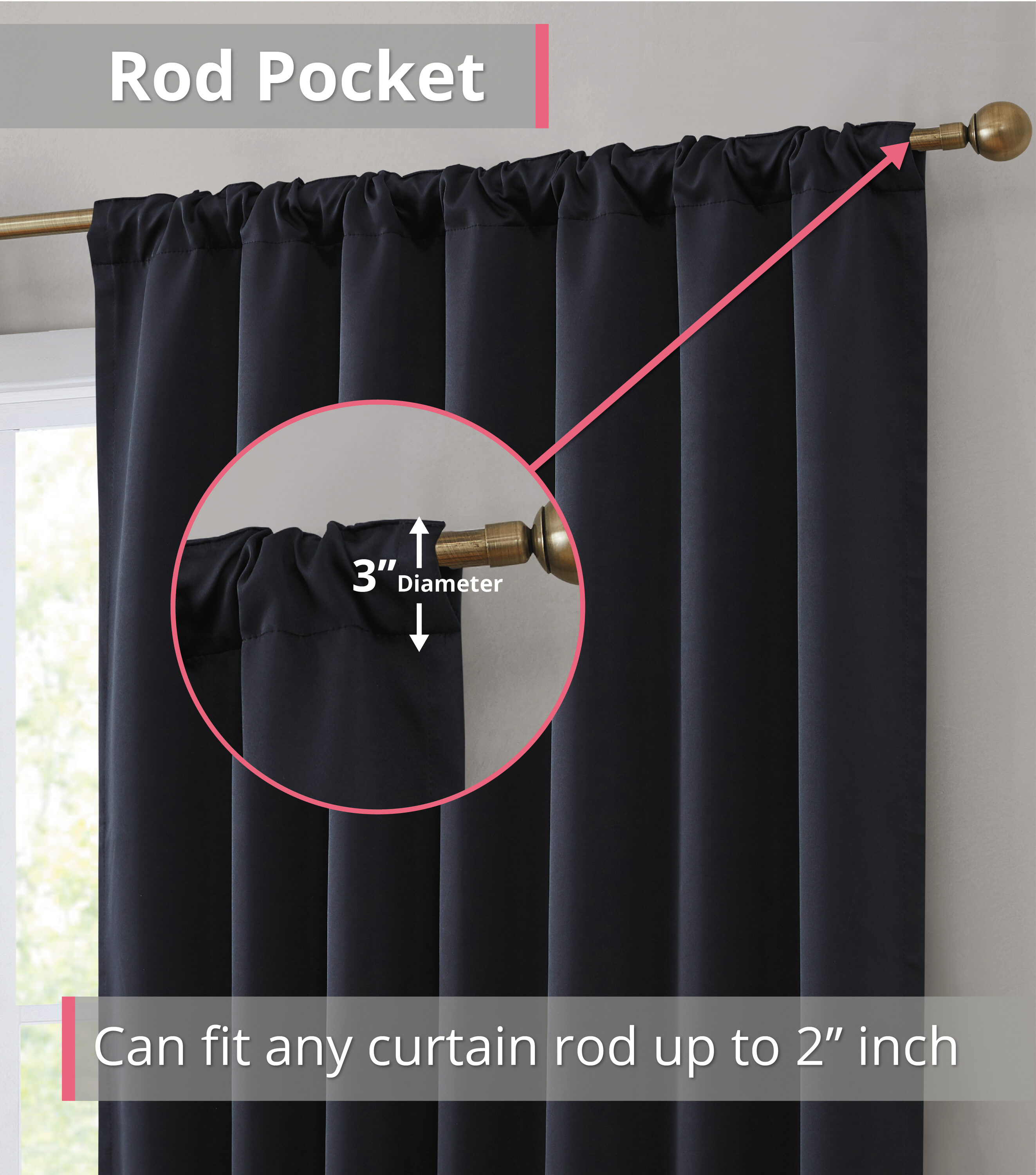 HLC.me 63-in Black Blackout Thermal Lined Rod Pocket Curtain Panel Pair ...