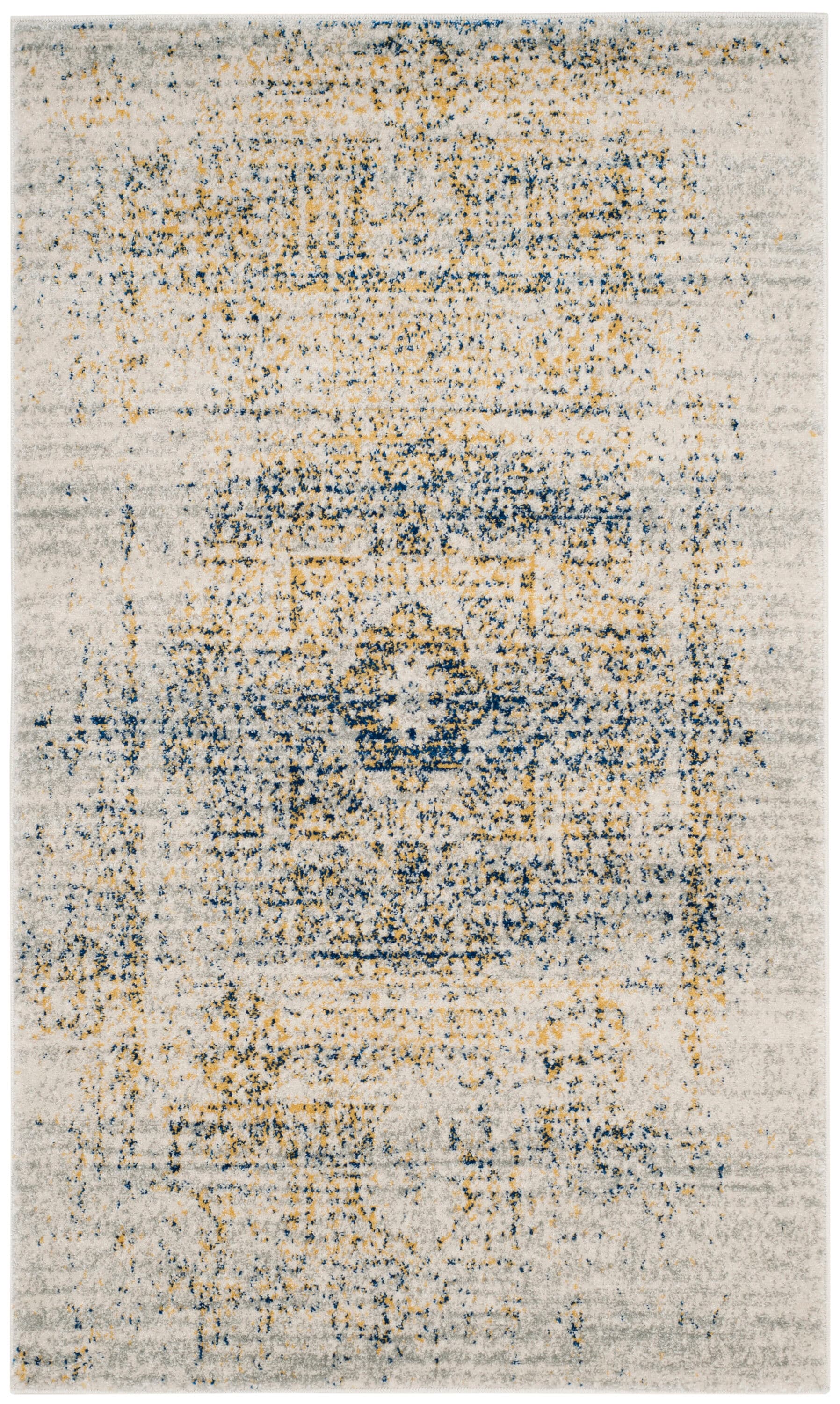 Ivory and Blue High Pile Synthetic Area Rug