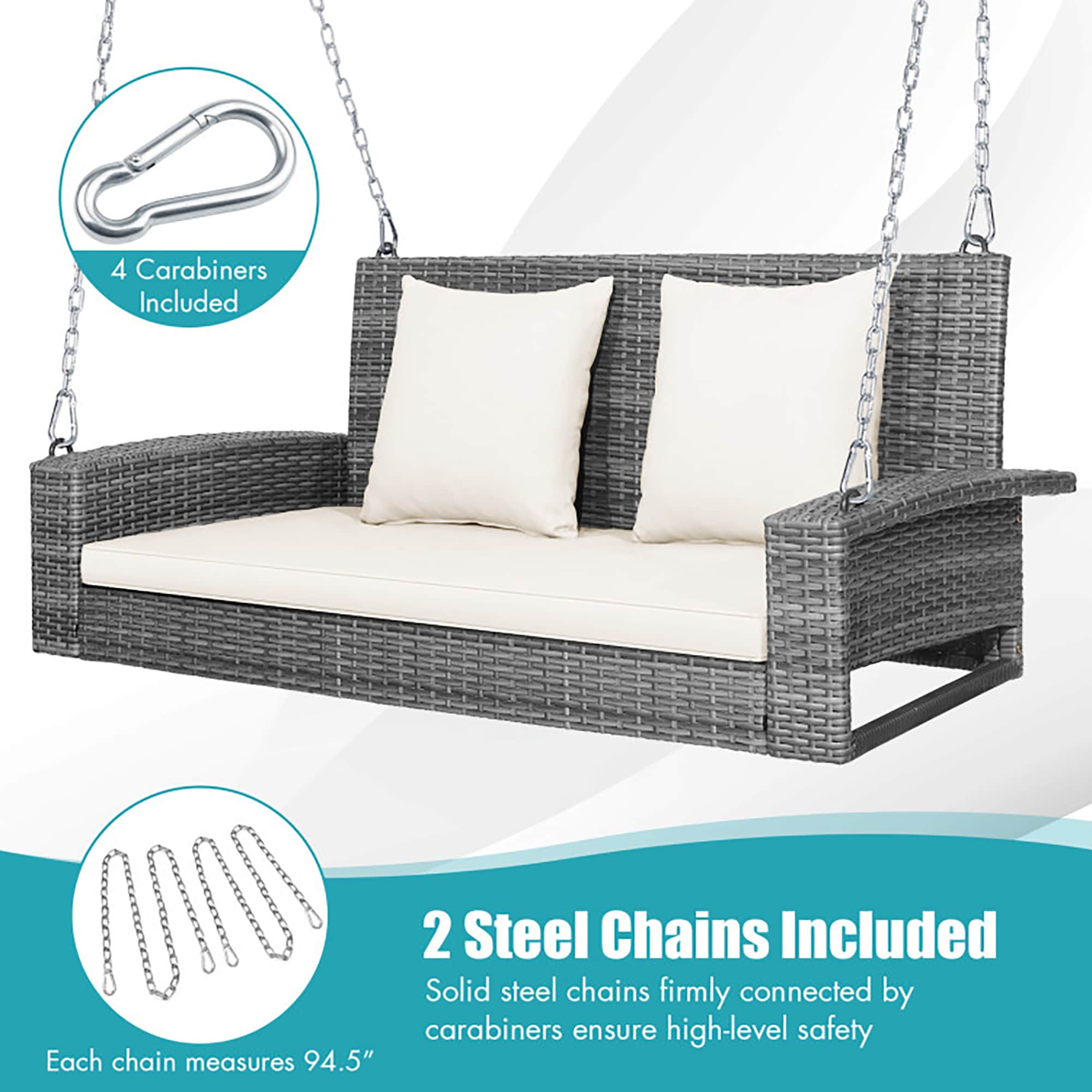 Gray Steel Frame Porch Swing with White Cushions