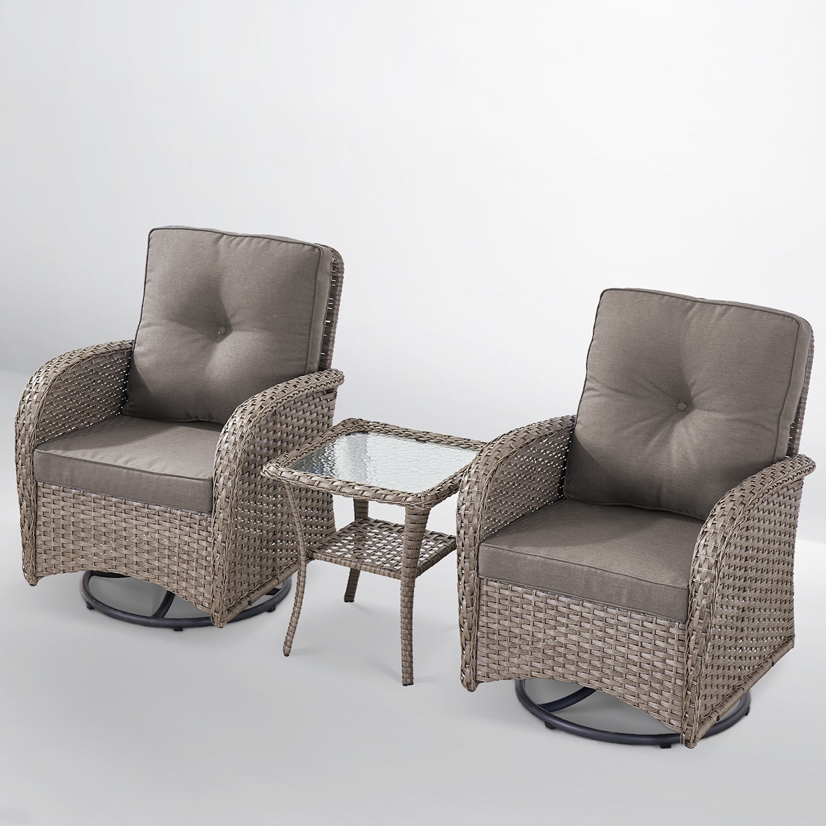 Rilyson FSKWGY2060-3 New Juno Set of 2 Wicker Gray Wicker Frame Swivel glider Conversation Chair with Gray Gray Cushioned Seat