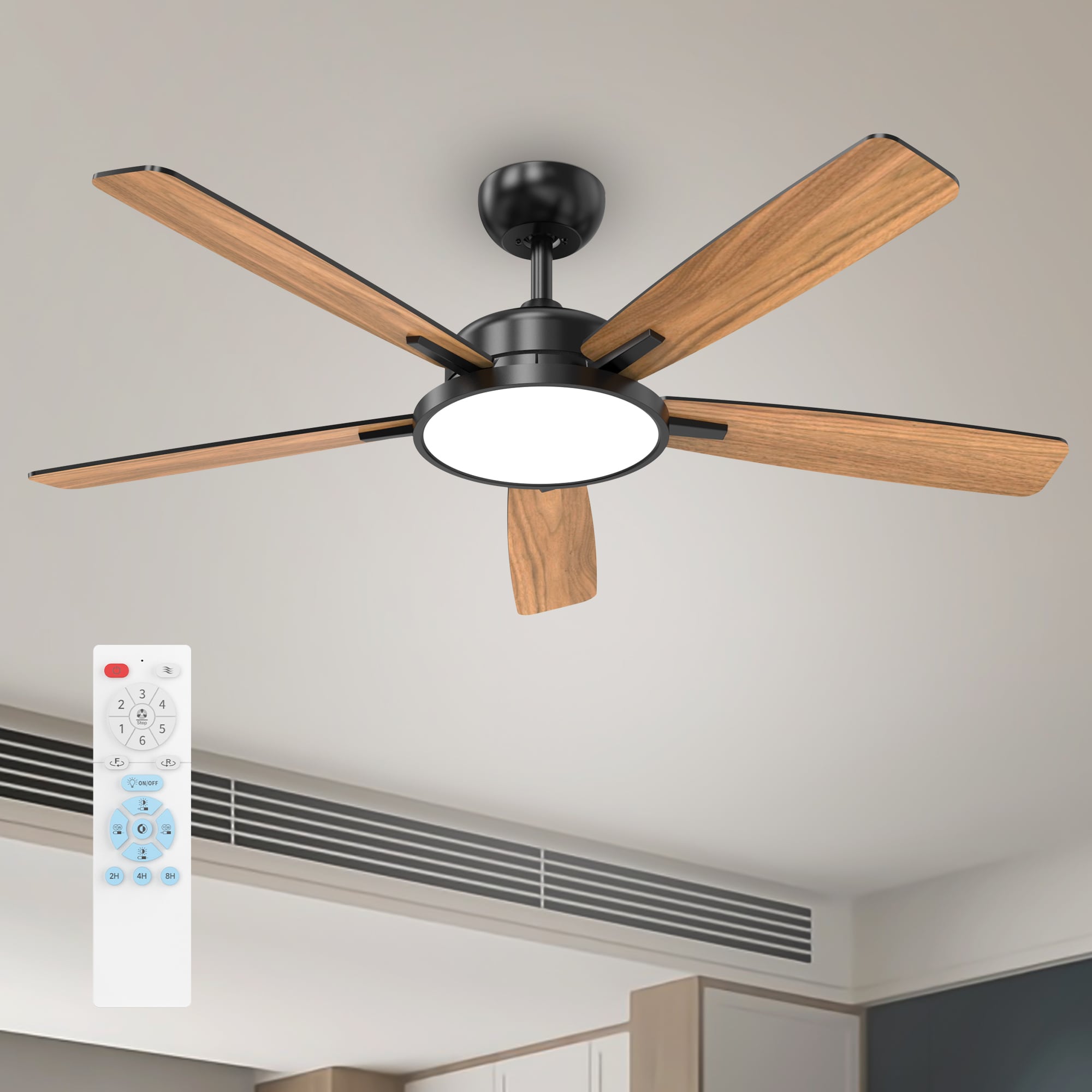 TALOYA TLY52-BK-5D-T5 Oasis 52-in Color-Changing Integrated LED Matt Black with Matt Black Blades Ceiling Fan With Light and Remote ( 5 -Blade )