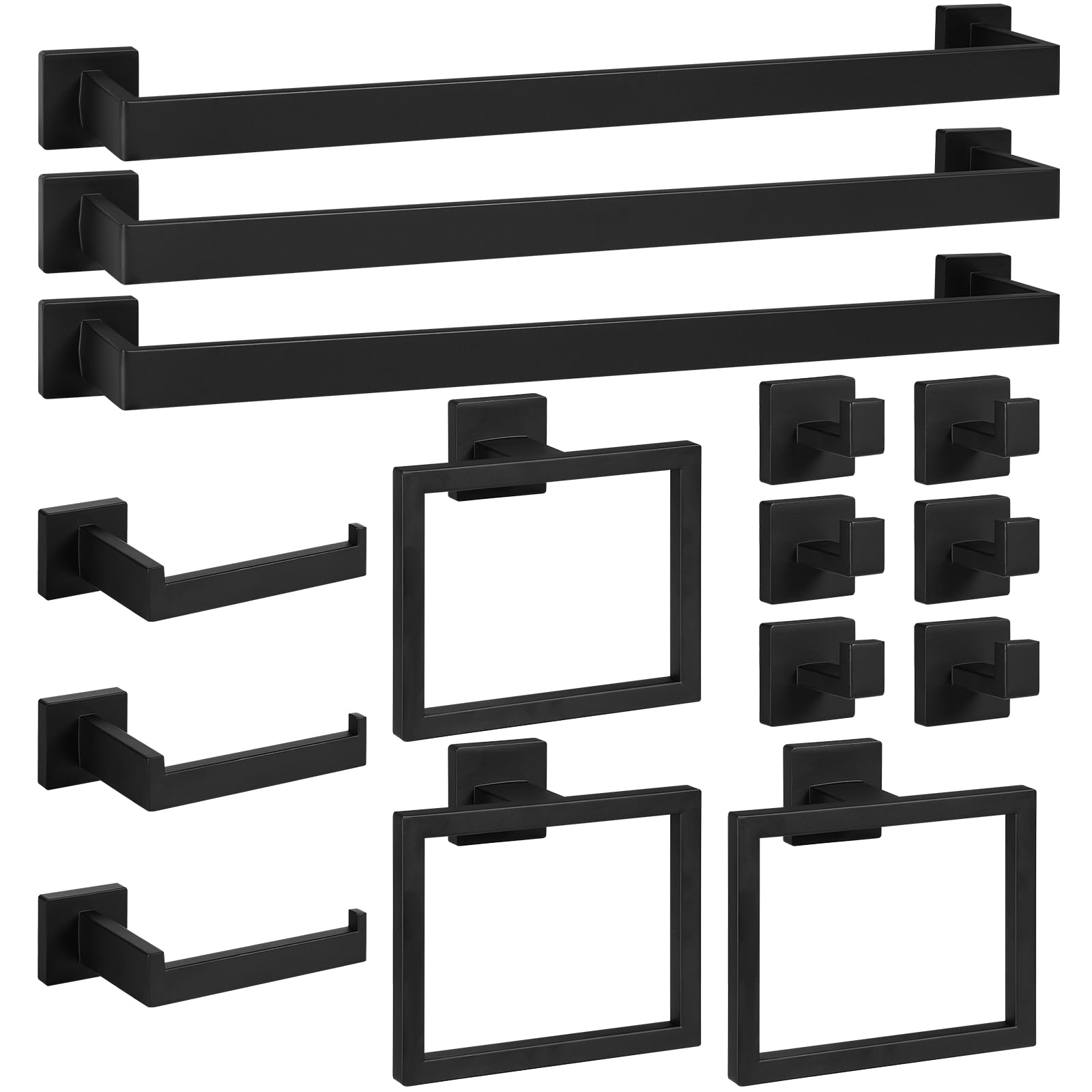 Lovav - Matte Black 15 Pieces Stainless Steel Bathroom Hardware Set Towel Bar Towel Ring Toilet P...