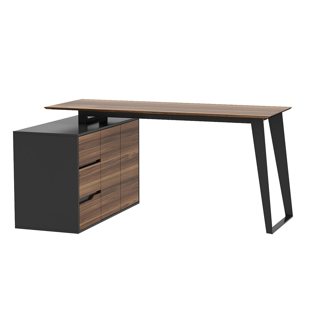  V-KF210181-01 L Shaped Computer Study Desk with Cabinet and 3 Drawers Corner Writing Workstation Table with Metal Legs for Home Office