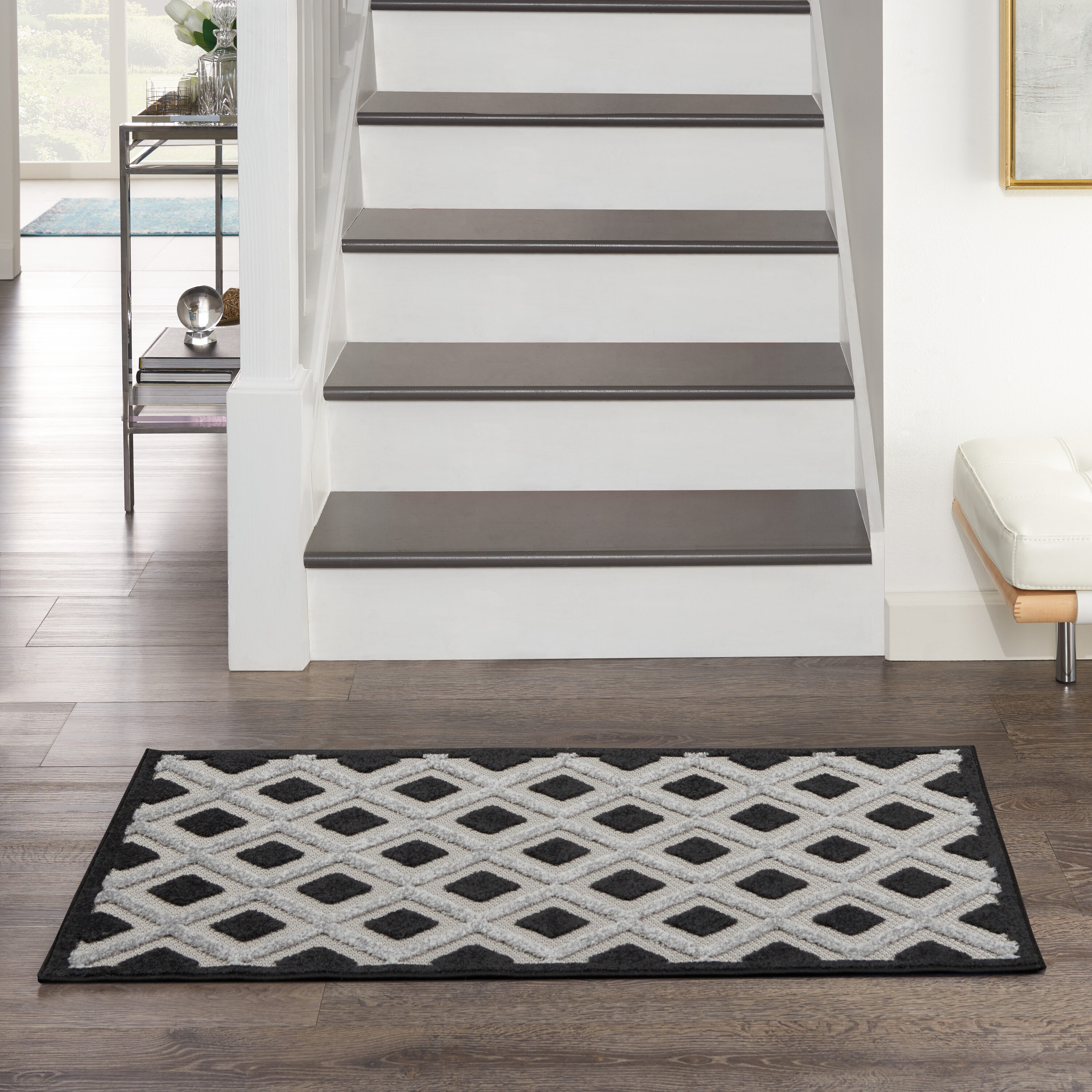 Nourison 099446829474 Aloha 3 x 4 (ft) Loomed Polypropylene Black White Rectangular Indoor/Outdoor Geometric Tropical Area rug