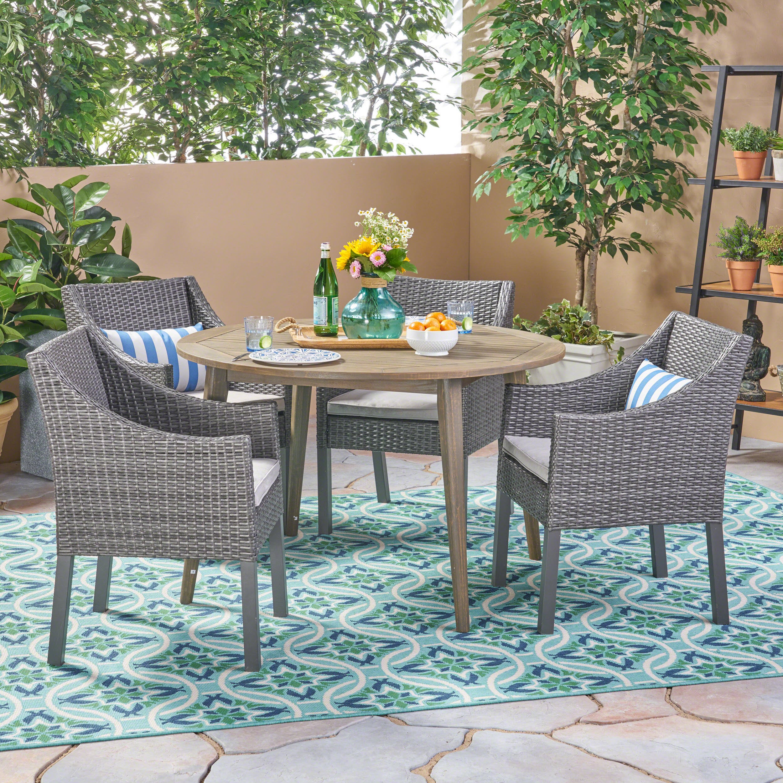 Christopher Knight Home - Torrence Outdoor 5 Piece Wood and Wicker Dining Set Gray Finish and Gray