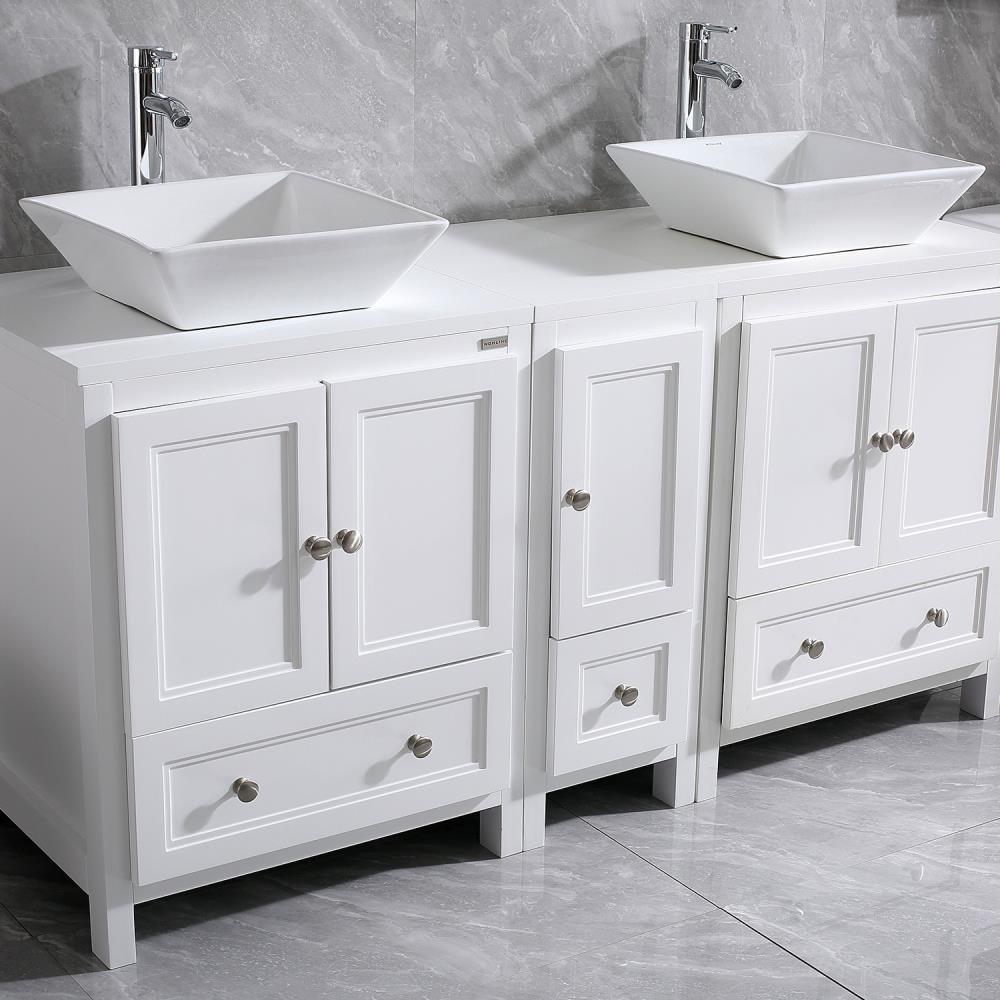 WONLINE 60-in White Double Sink Bathroom Vanity with White Wood Top ...