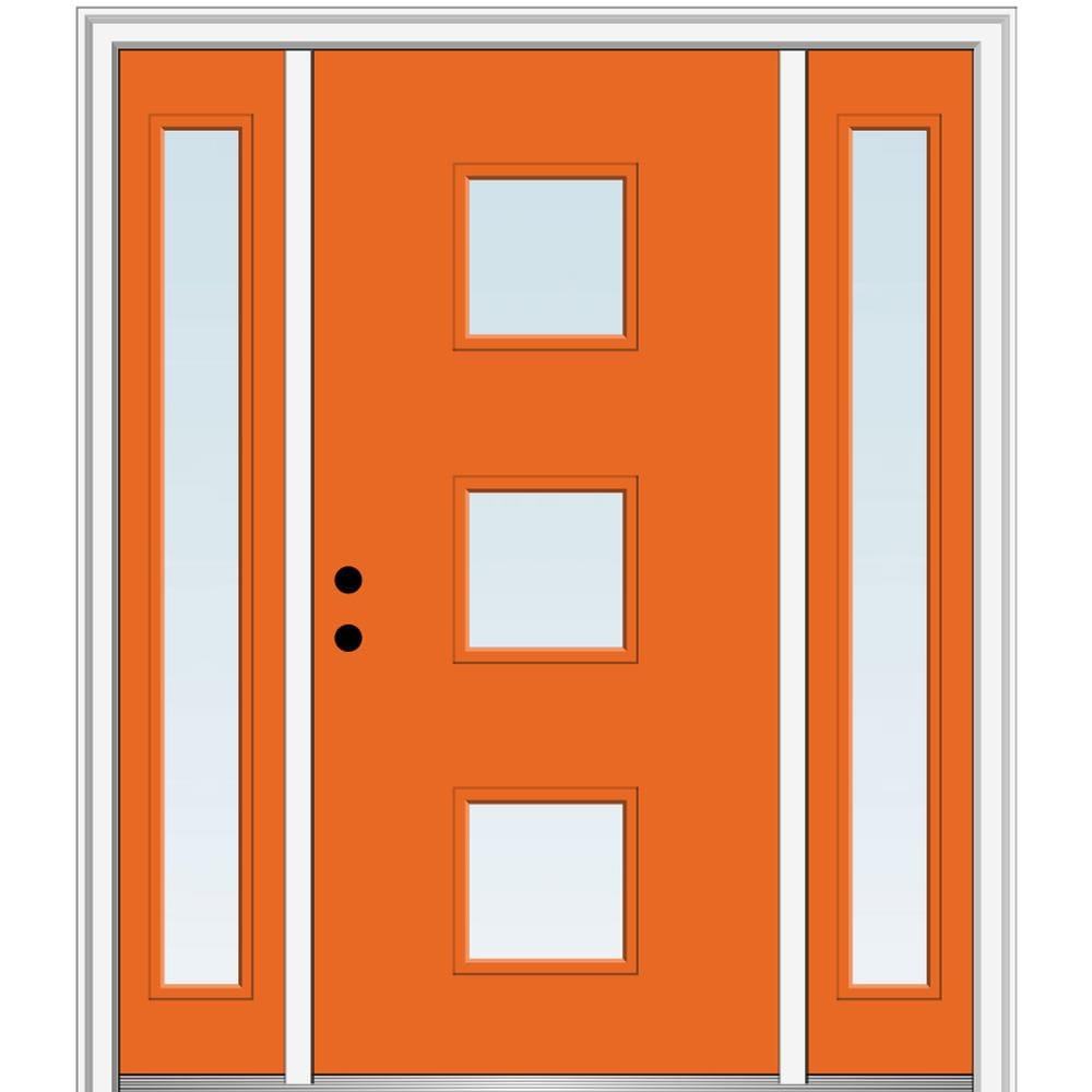 MMI DOOR ZZ348786R Spotlights 60-in x 80-in x 6-9/16-in Fiberglass Pulse lite Right-hand inswing Tangerine Painted Prehung Front Door with Sidelights with Brickmould Insulating core