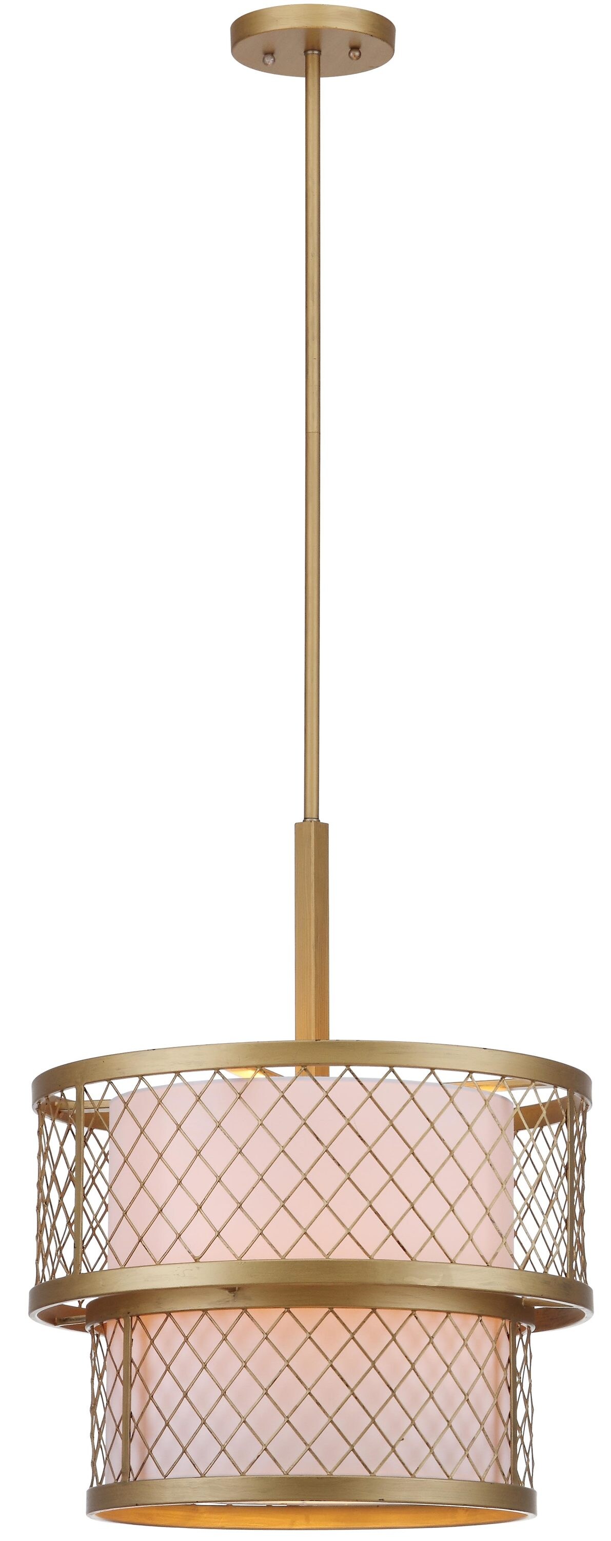 Contemporary Gold Mesh Drum Pendant Light with White Shade