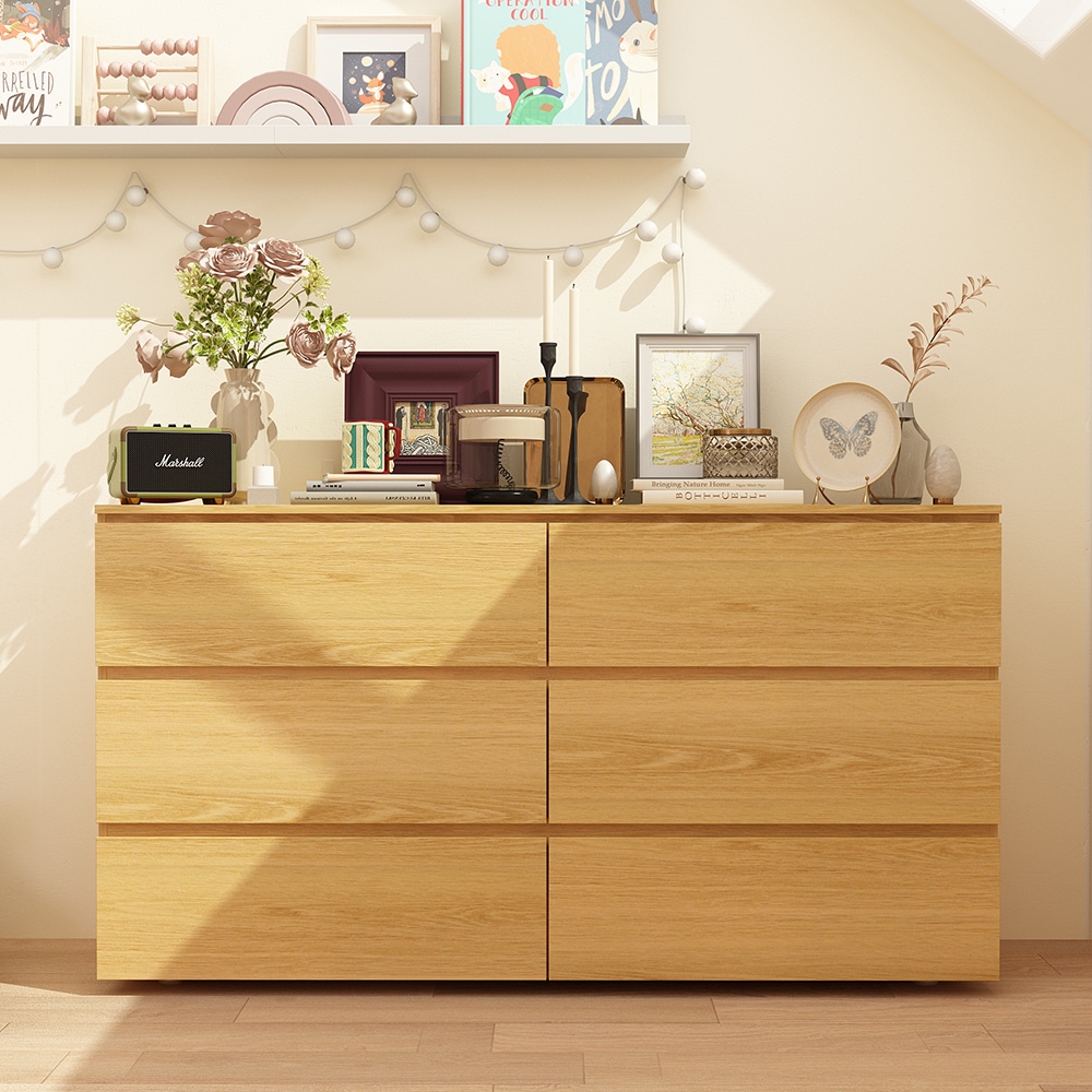 Homsee  6-Drawer Natural Wood Grain Dresser Organizer with Spacious Storage and Smooth Sliding Drawers 59''L x 15.7''W x 32.3''H Yellow