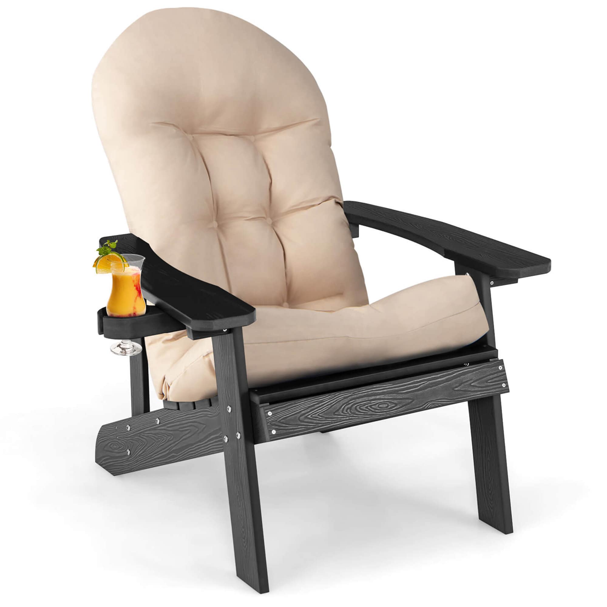 Costway HCST01550 Black Plastic Frame Stationary Adirondack Chair with Beige Cushioned Seat