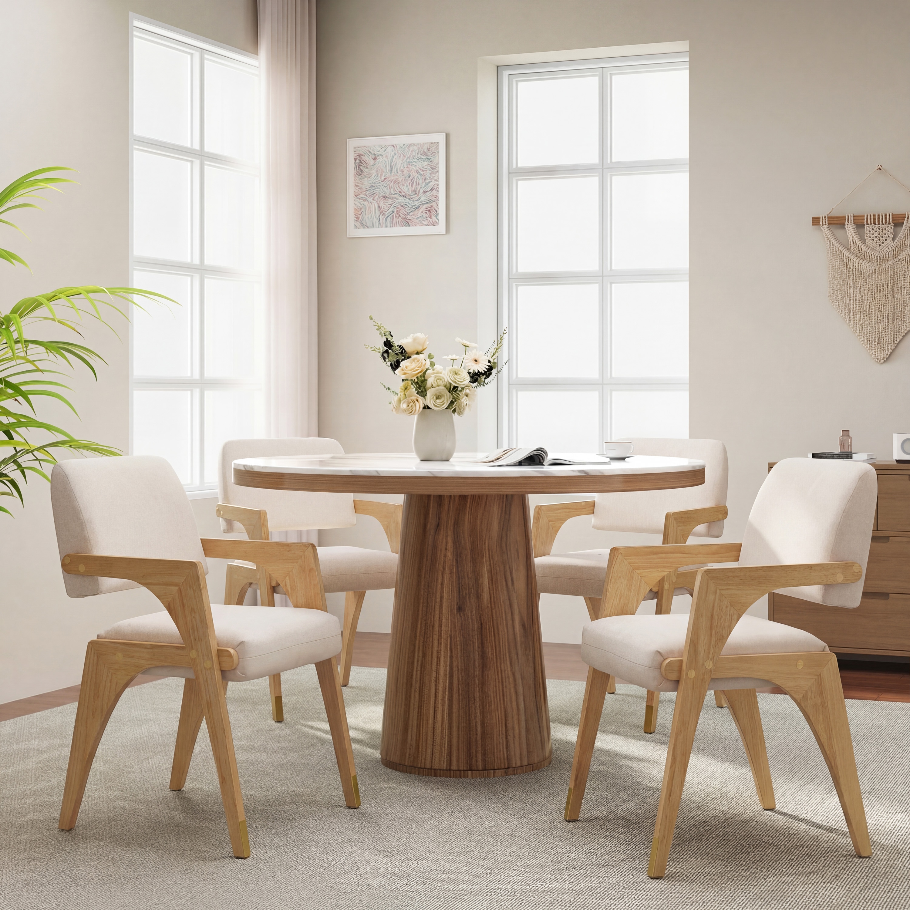 Christopher Knight Home - Mid-Century Modern Beige+Natural Polyester Upholstered Dining Chairs Ar...