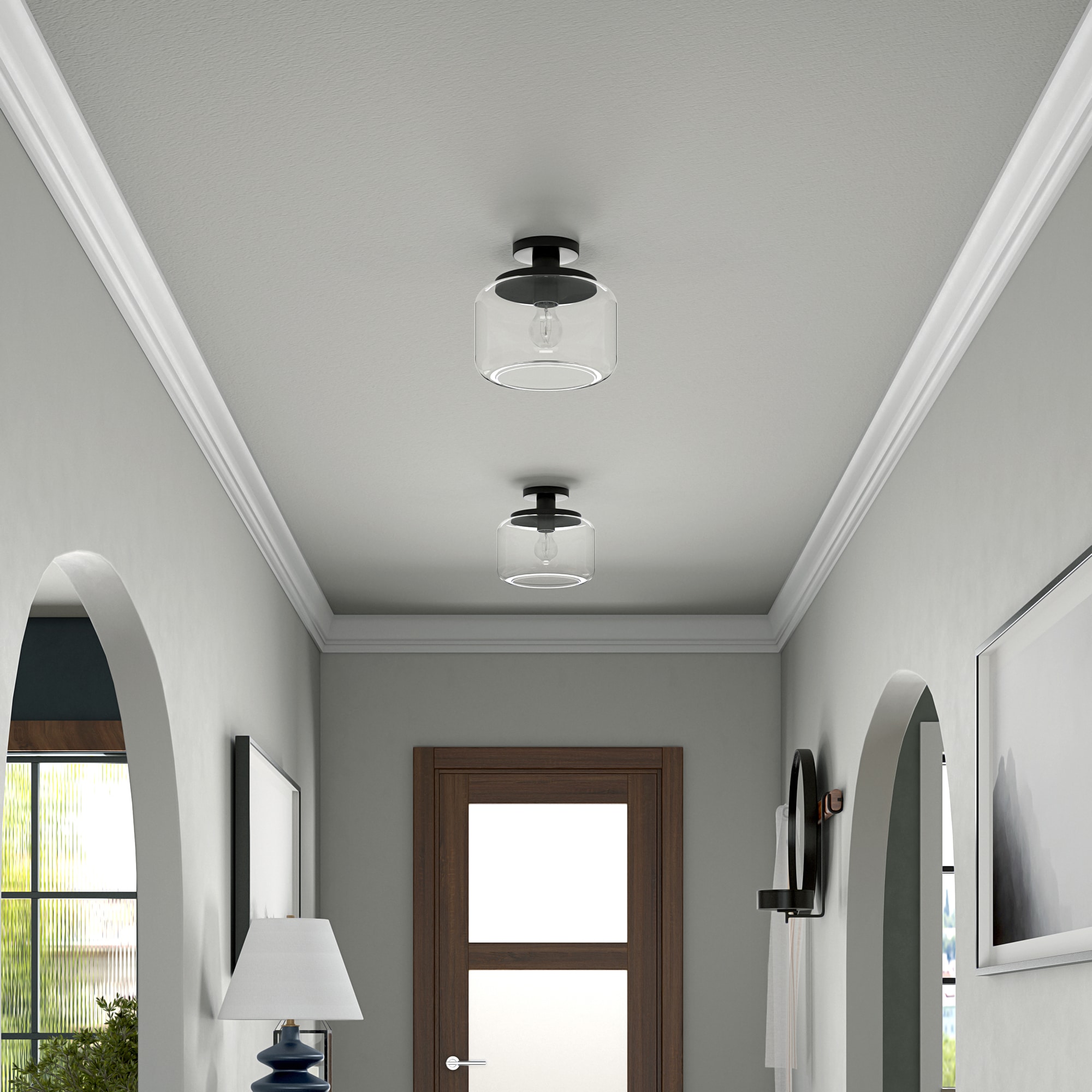 Blackened Bronze and Clear Glass Semi Flush Mount Light