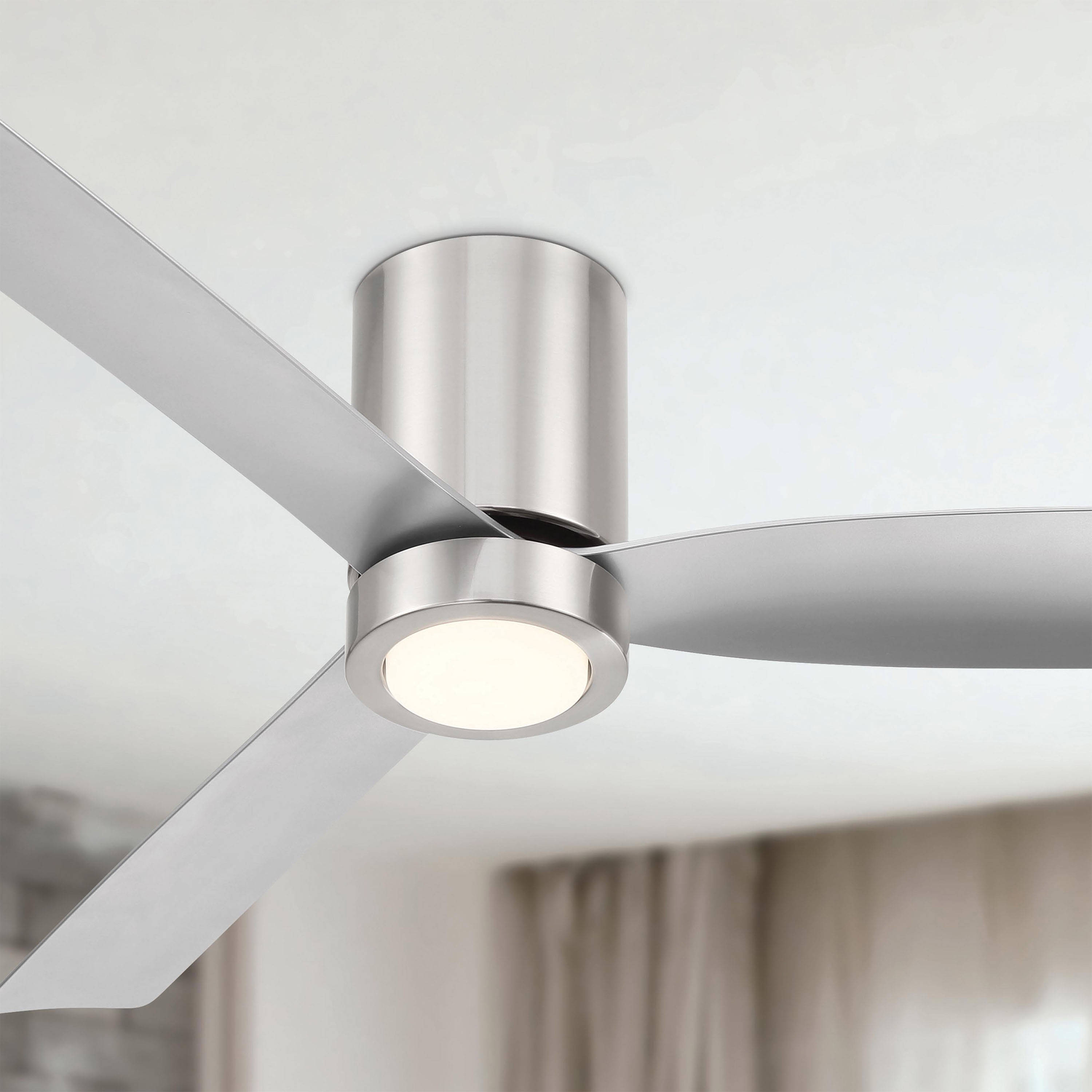 Arranmore Lighting & Fans CORMAC 52-in Brushed Nickel with Silver Blades Adjustable White Covered Outdoor Flush Mount Ceiling Fan With Light and Wall Control Included 3 -Blade