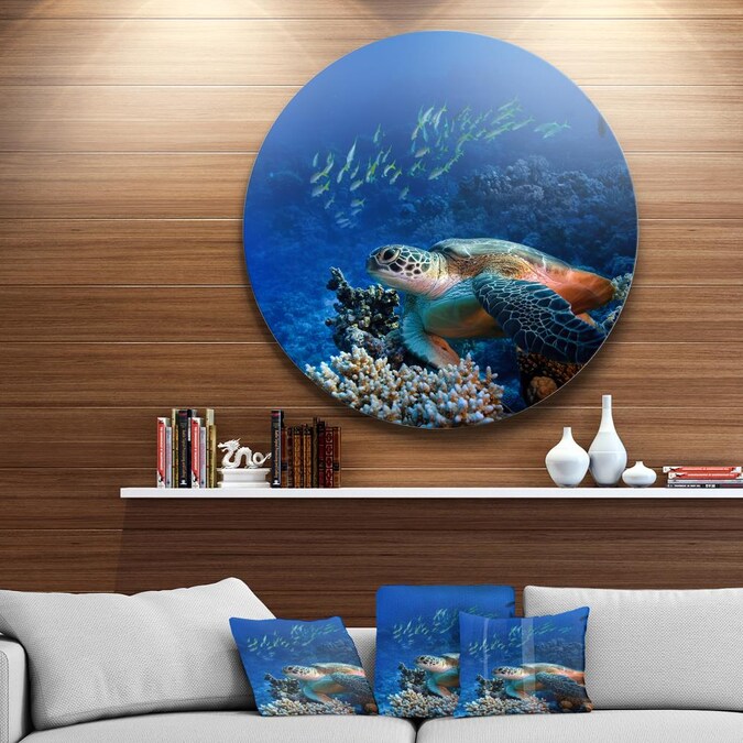 Designart Large Sea Turtle Underwater Ultra Vibrant Abstract Metal Circle Wall Art In The Department At Com - Large Metal Sea Turtle Wall Art