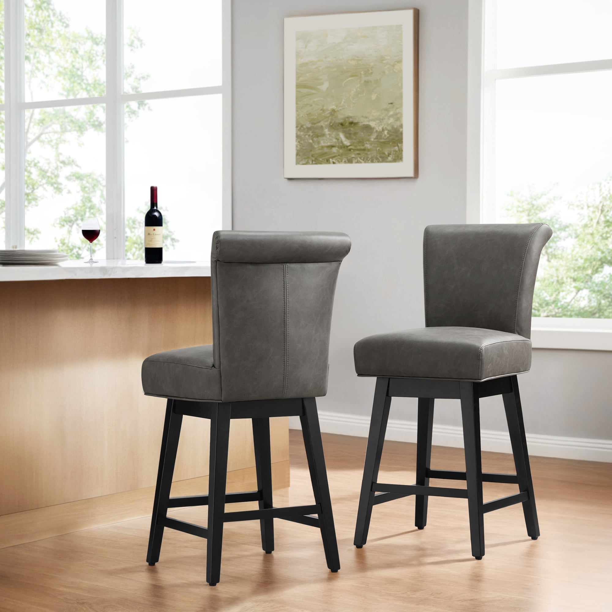 Circle 55 2-LWSY606F-CU6720 2 -Set Dark Gray 26-in H Counter height Square seat Upholstered Swivel Wood Bar Stool and Back
