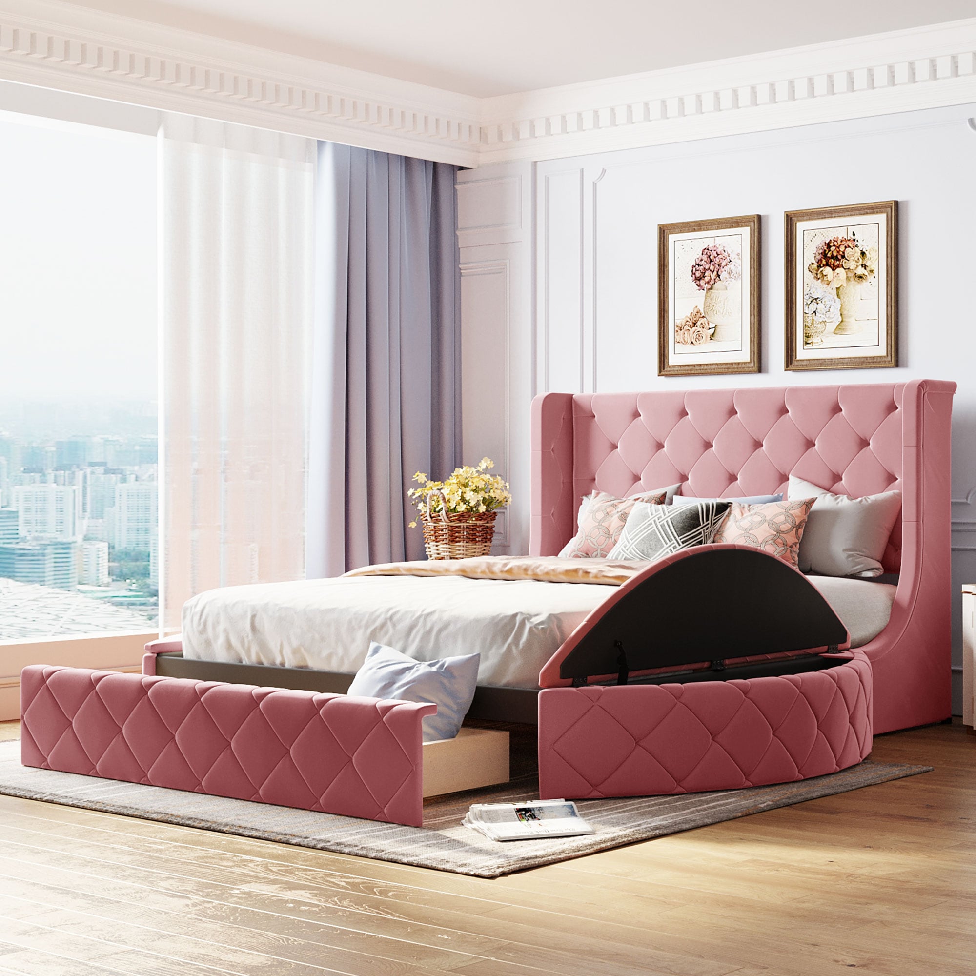 ModernLuxe LP000815AAH Upholstered Platform Bed Queen Size Storage Velvet Bed with Wingback Headboard and 1 Big Drawer2 Side Storage StoolPink