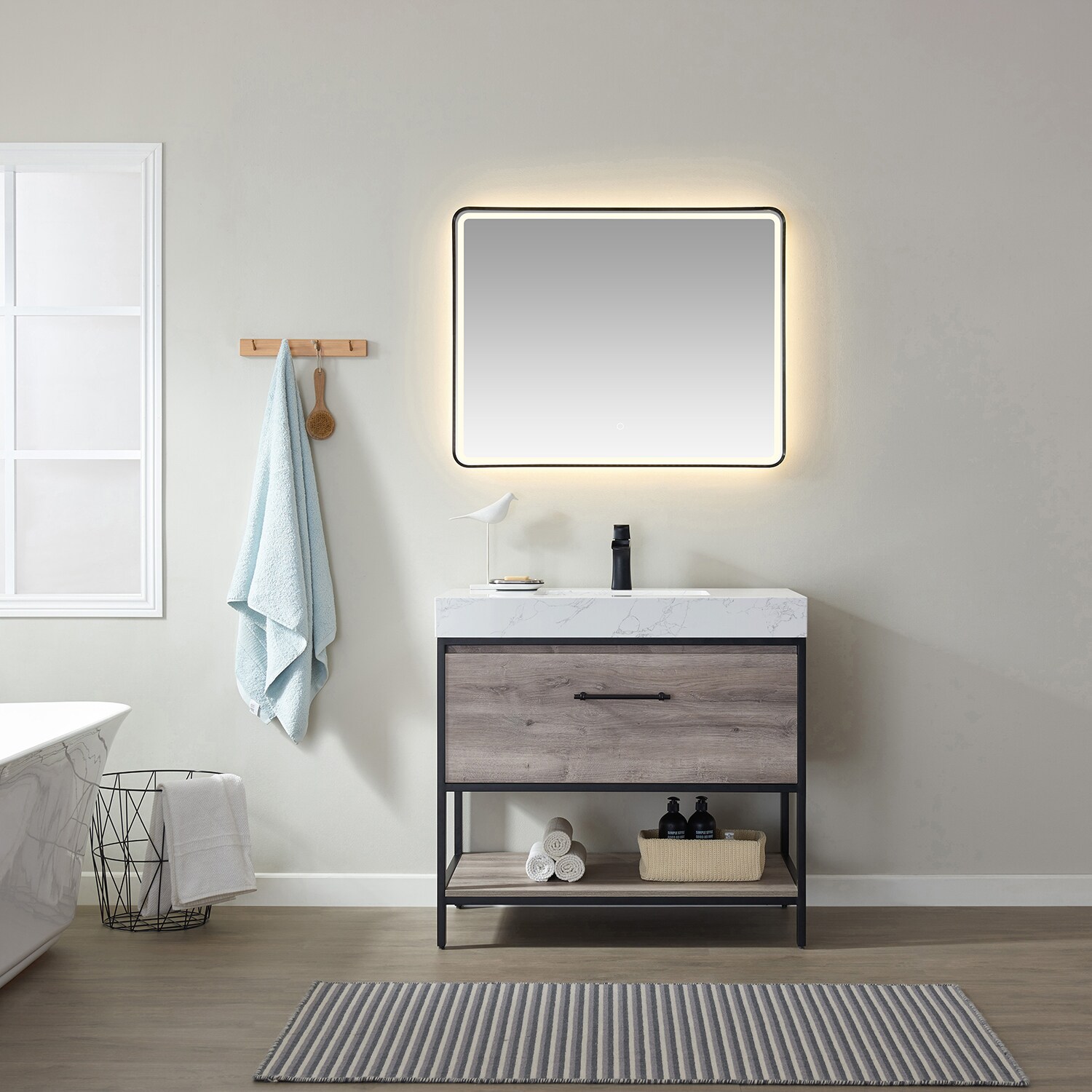 Vinnova 701236-MXO-GW Palma 36-in Mexican Oak Undermount Single sink Bathroom Vanity with White Engineered stone Top (Mirror Included)