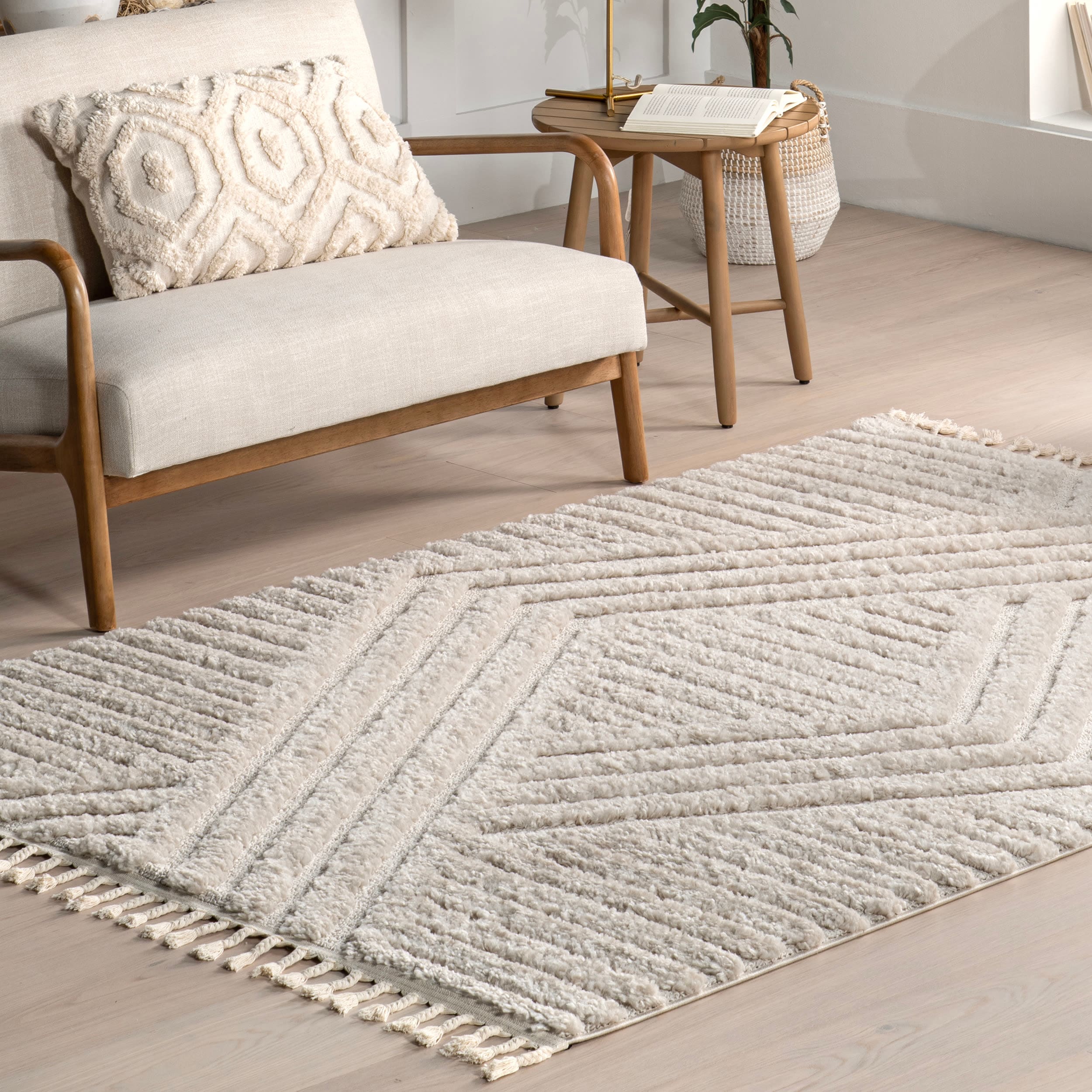 Beige Geometric Shag Rectangular Area Rug with Tassels