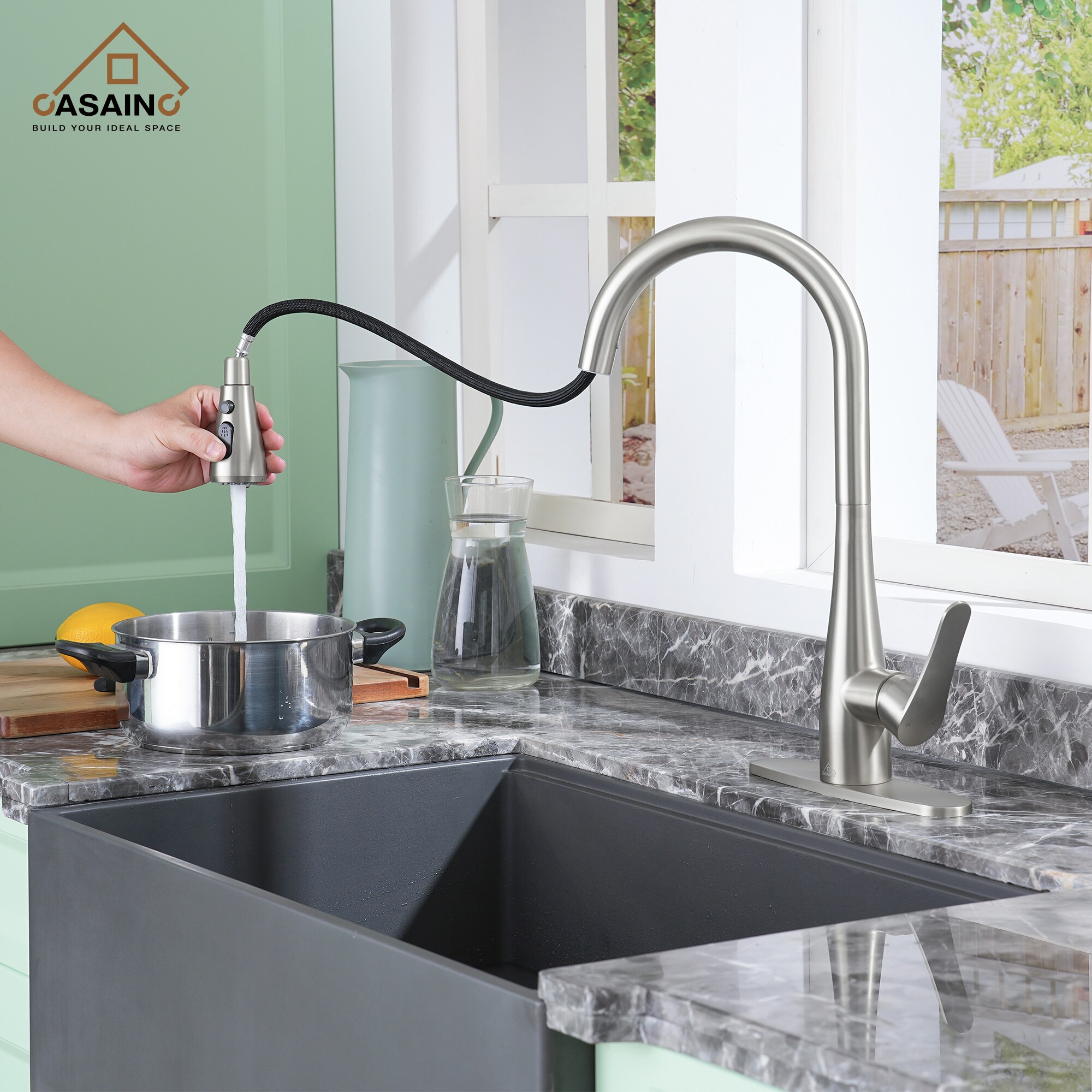 Casainc Brushed Nickel Single Handle Pull Out Kitchen Faucet With Sprayer Deck Plate Included