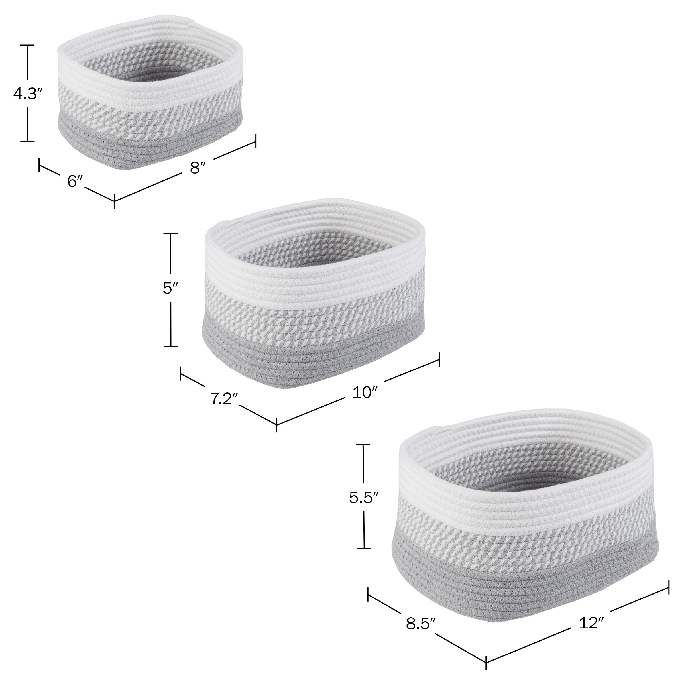 Gray Woven Cotton Rope Storage Basket Set, 3-Piece