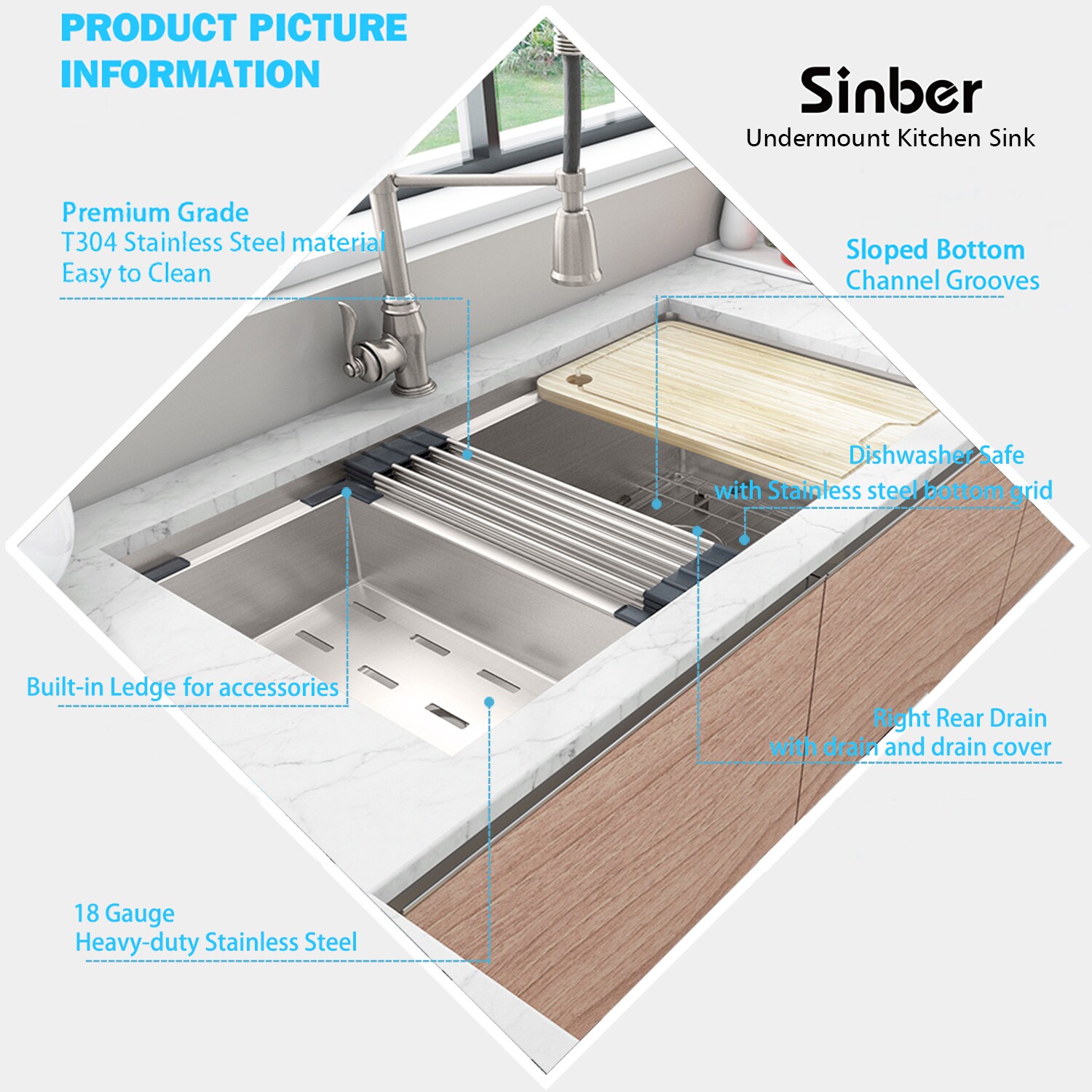 Sinber 33" Stainless Steel Double Bowl Drop-In Workstation Sink