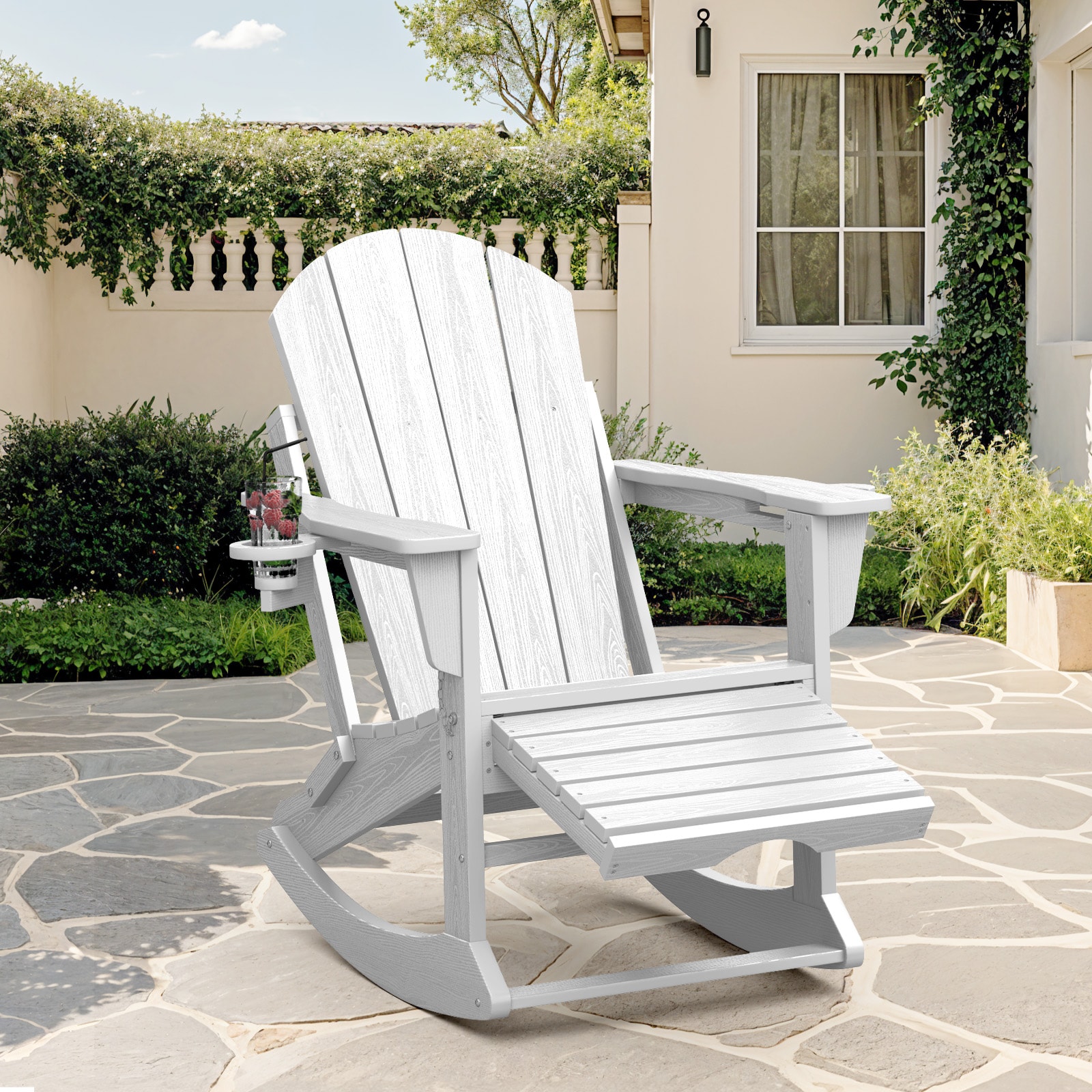 JEAREY PEDGNYY-WE Adirondack Rocking Chair with Ottoman and Cup Holder Stackable White HDPE Frame Adirondack Chair with Slat Seat