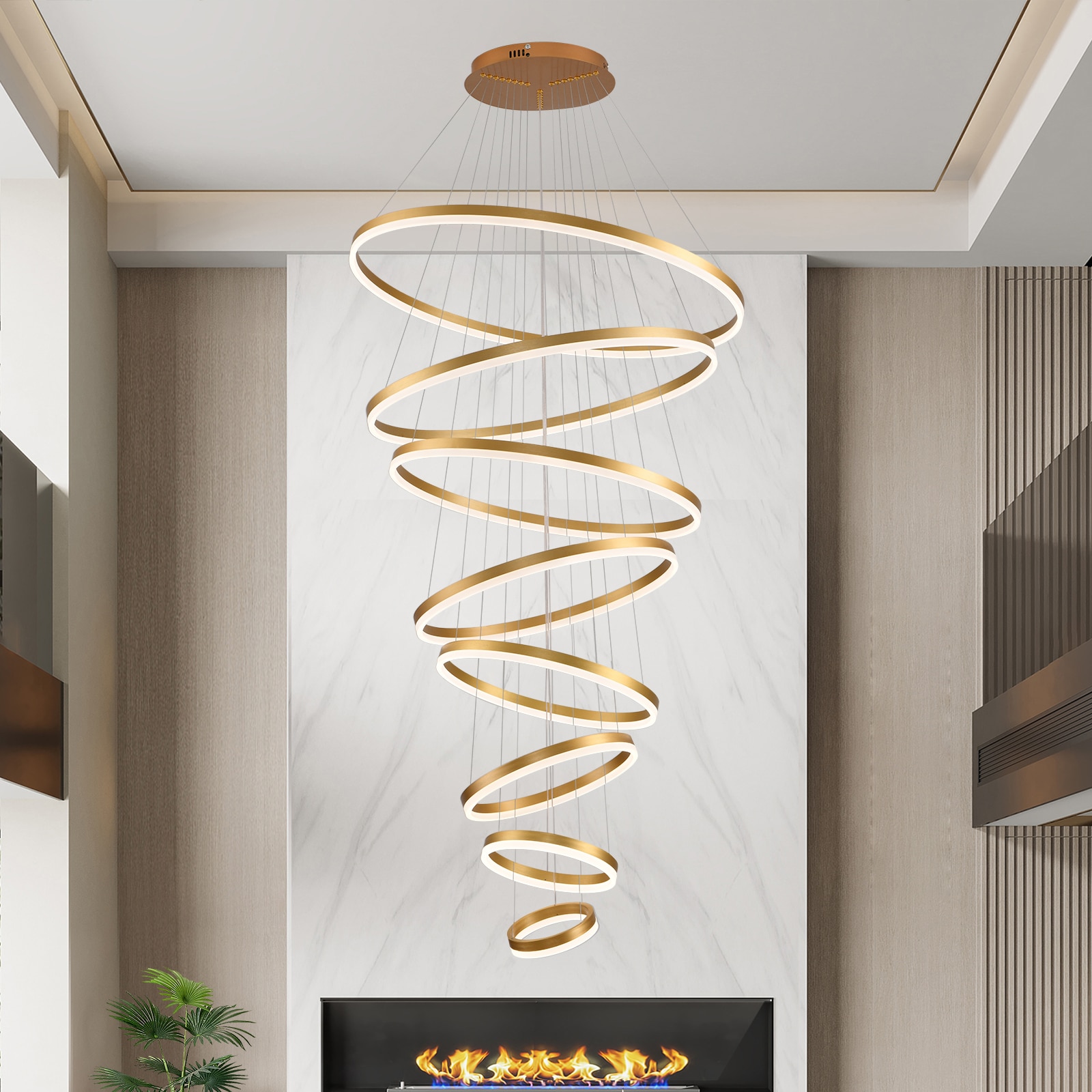 xersbav Modern 8 Rings 35in Gold Dimmable LED Chandelier with Remote Control Large High Ceiling Pendant Light for Foyer Entryway Staircase Living Room Dining Room #WJA31-90
