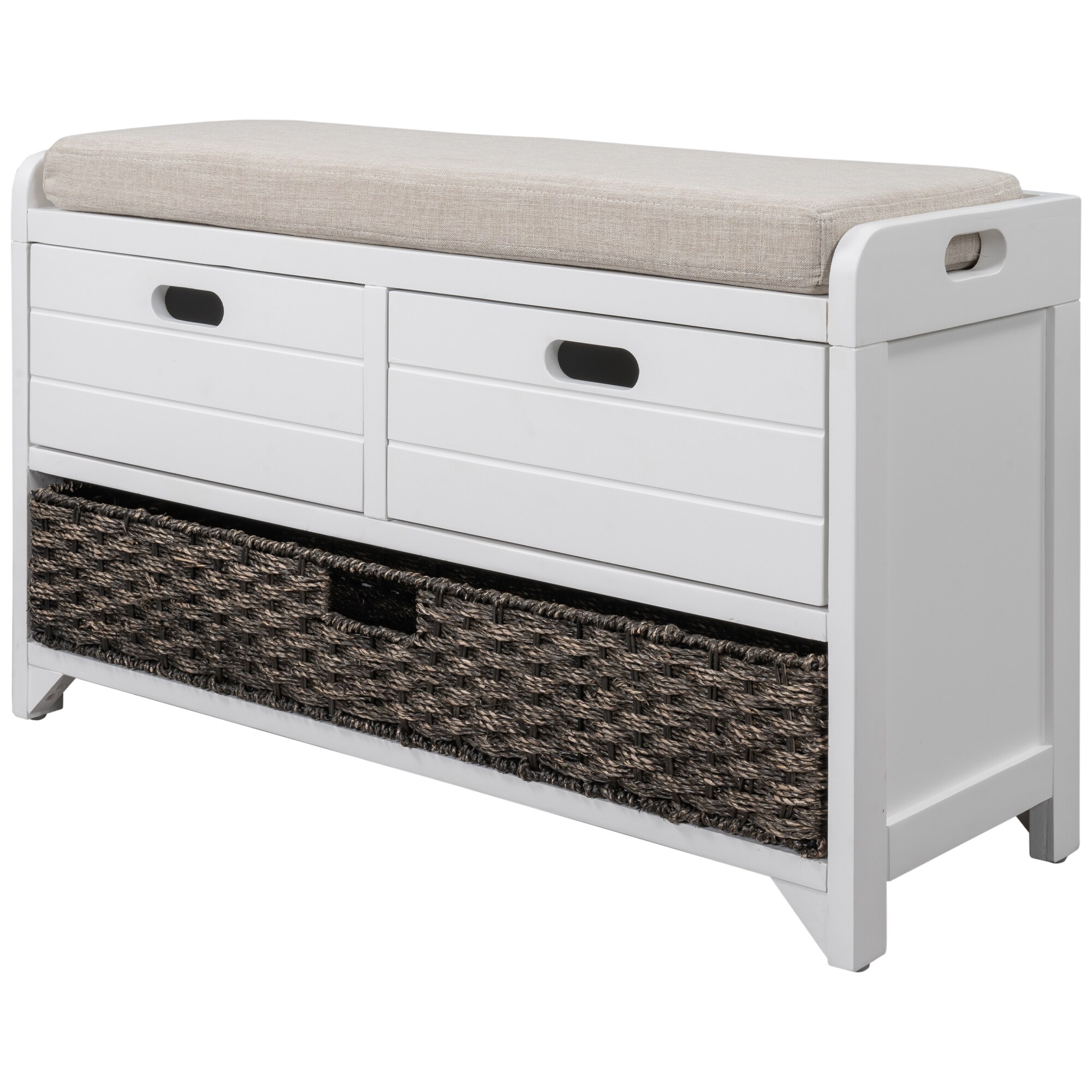 Entryway Storage Bench with Cushioned Seat, Shoe Rack and Drawers  White-ModernLuxe
