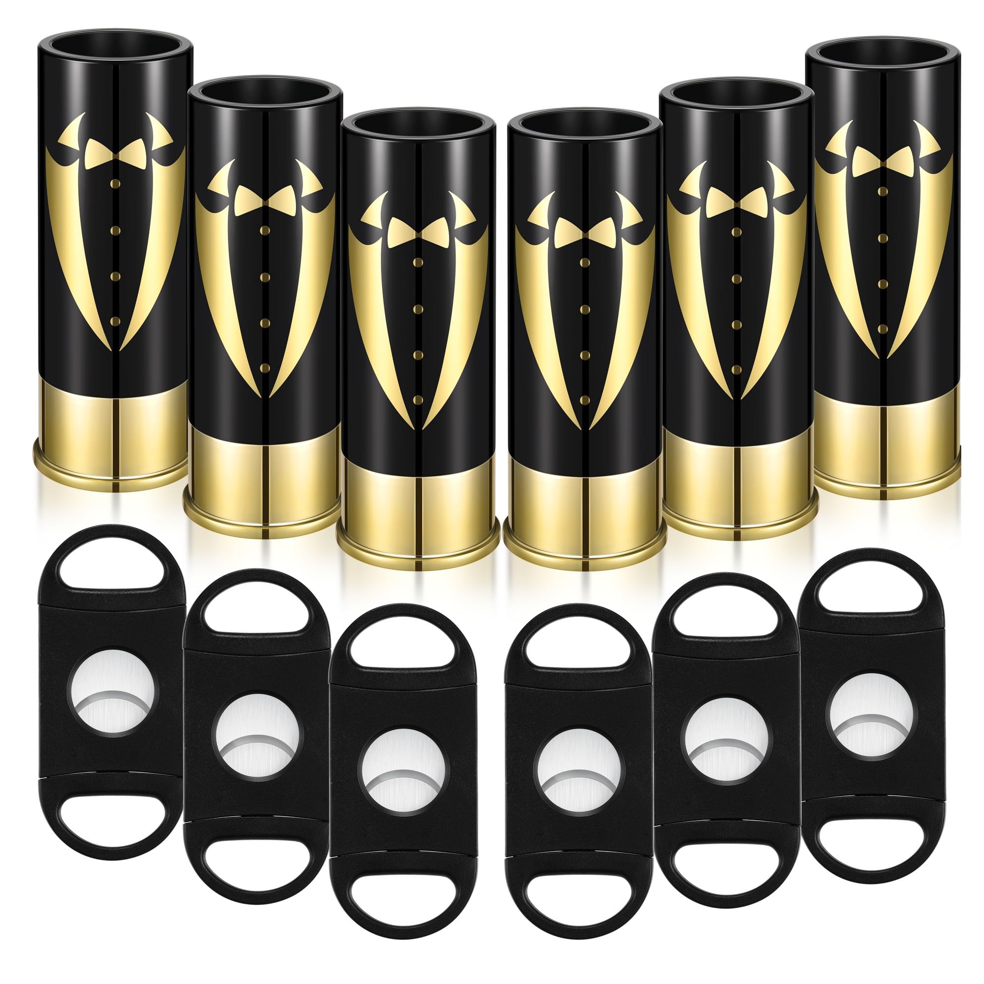 Aoibox  Tuxedo Print Gauge Plastic Shot Glasses with Stainless Steel Cutter Groomsmen Wedding Gift Set 12 Pack