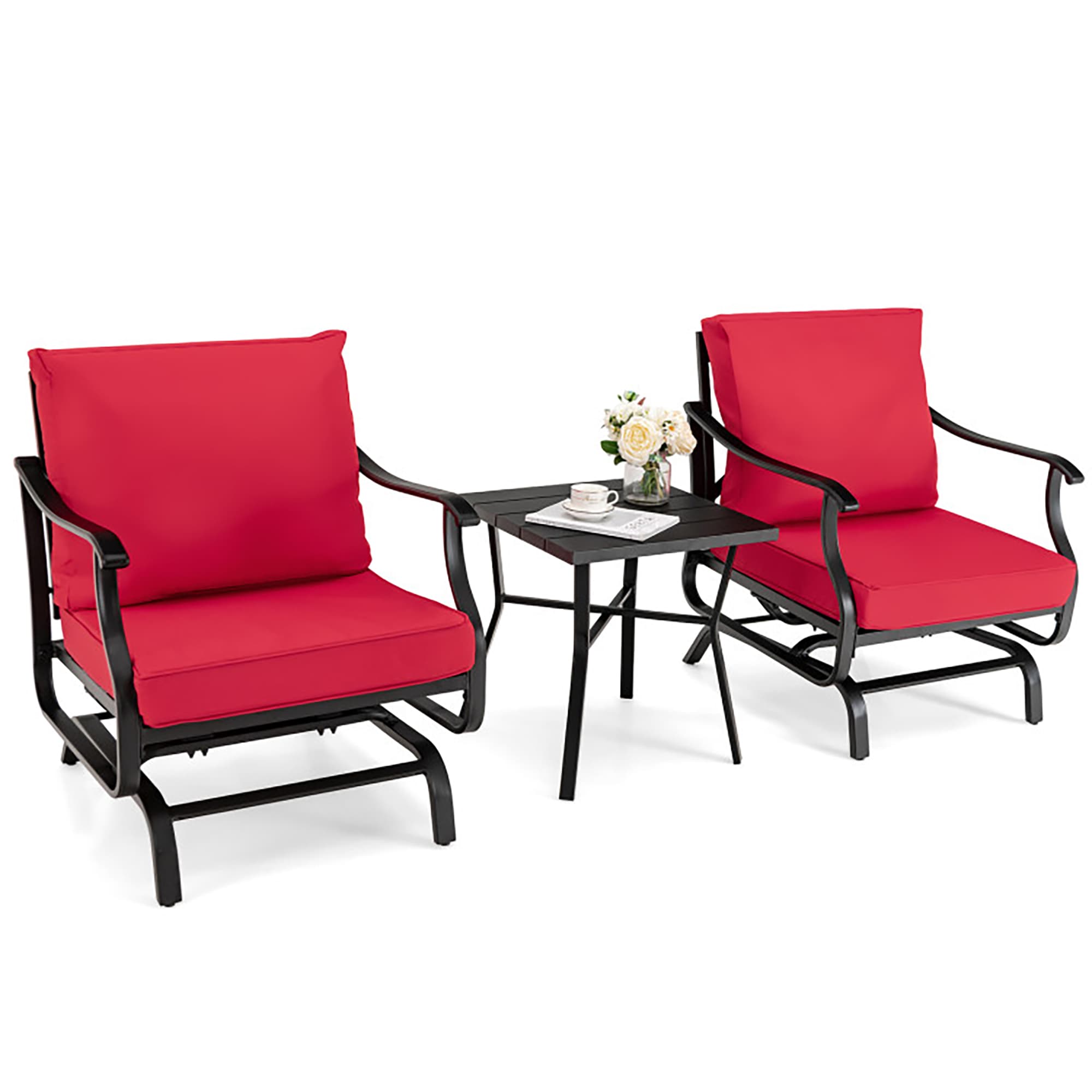 CASAINC WF-HFHW103-AB Patio Rocking Chair Set 3 -Piece Rattan Patio Conversation Set with Red Cushions